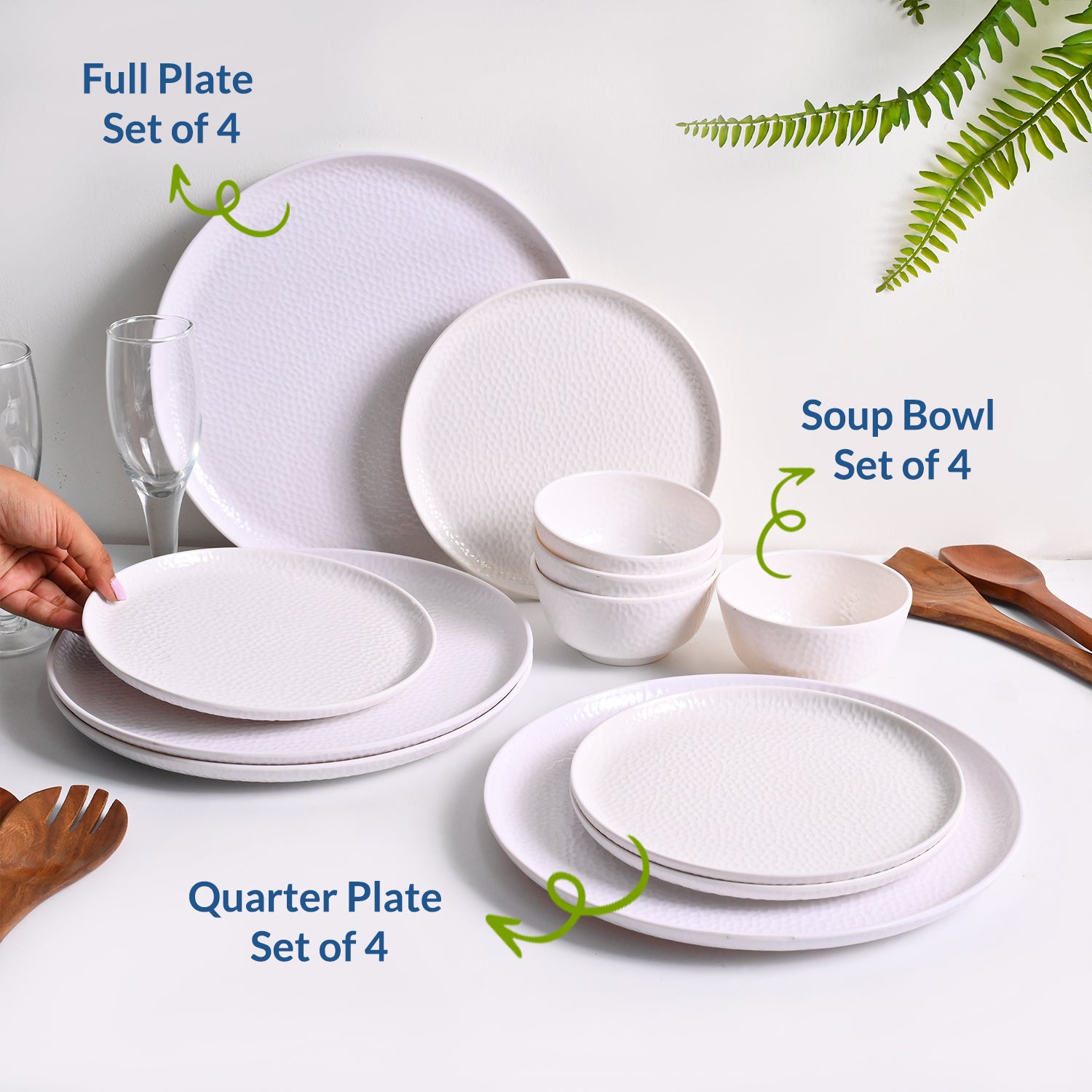 MARKET99 White Hammered Melamine Dinner Set – 12 Pcs