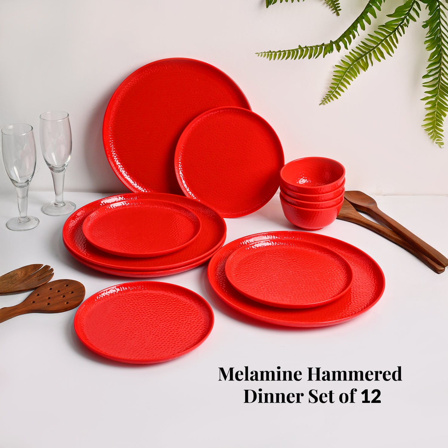 Red Hammered Melamine Dinner Set – 12 Pcs