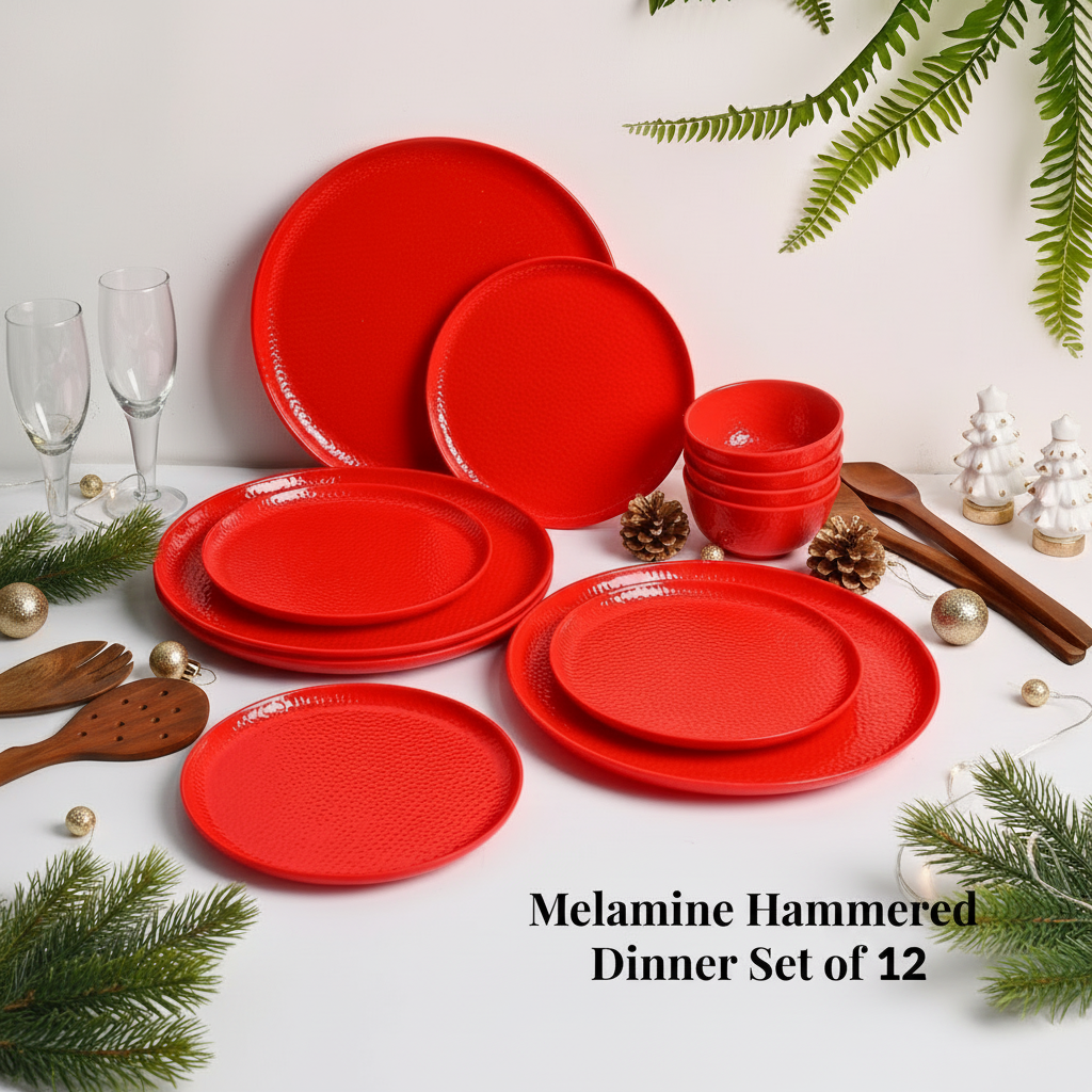 Red Hammered Melamine Dinner Set – 12 Pcs