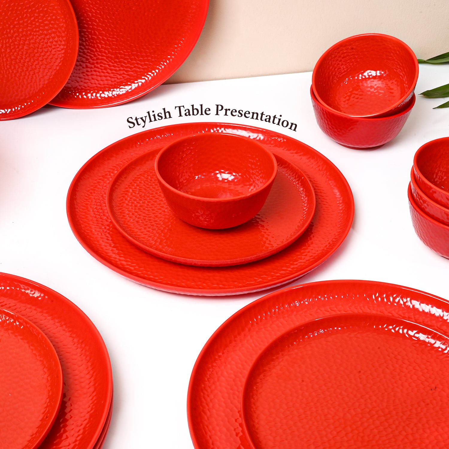 Red Hammered Melamine Dinner Set – 12 Pcs