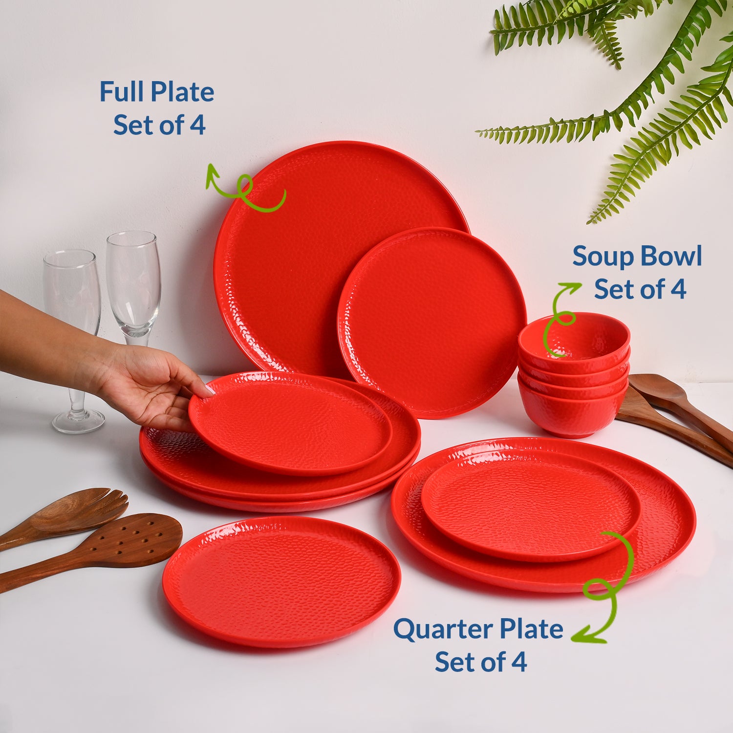 Red Hammered Melamine Dinner Set – 12 Pcs