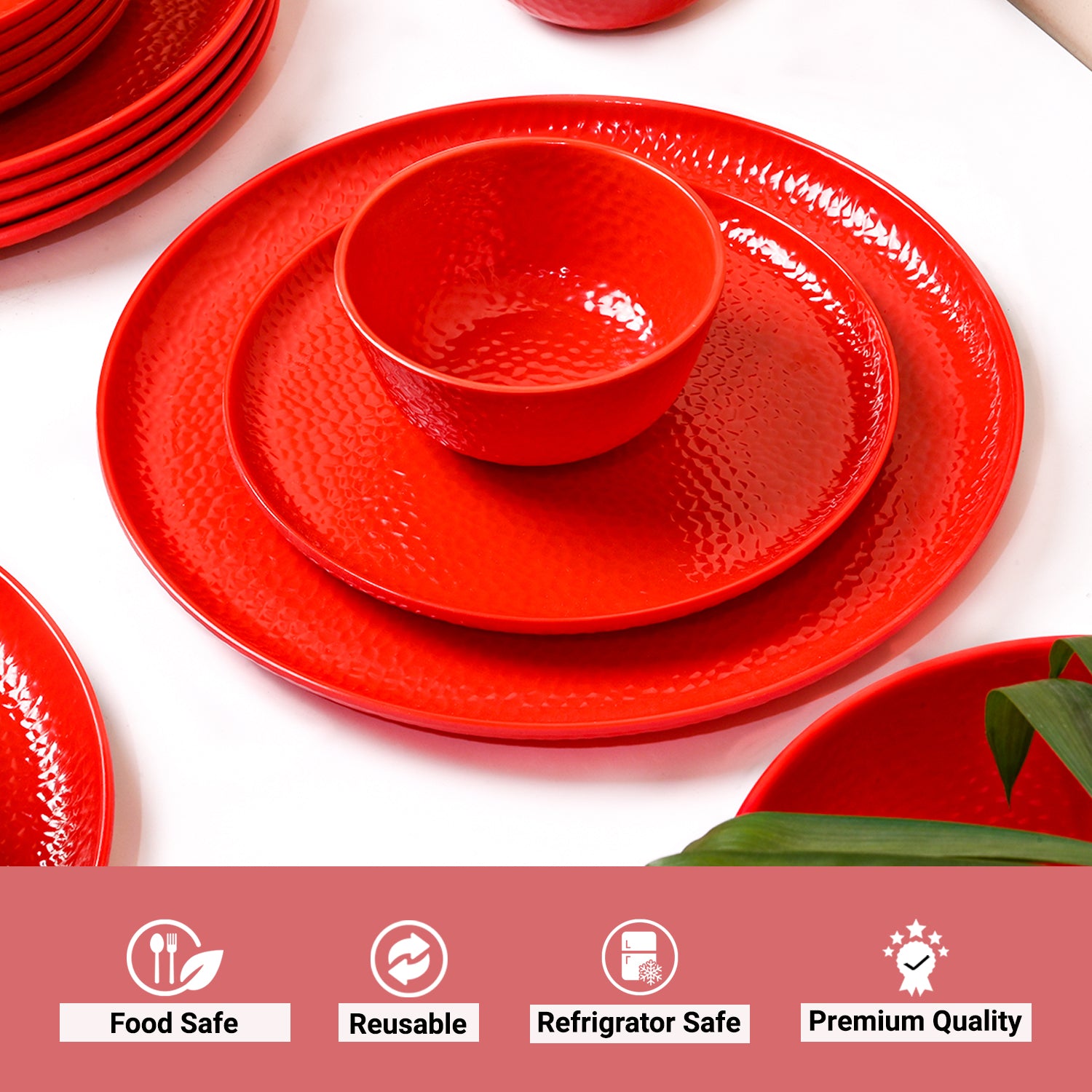 Red Hammered Melamine Dinner Set – 12 Pcs