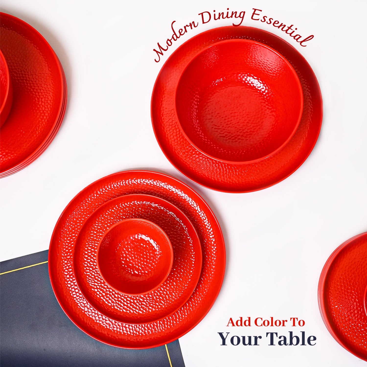 Red Hammered Melamine Dinner Set – 12 Pcs