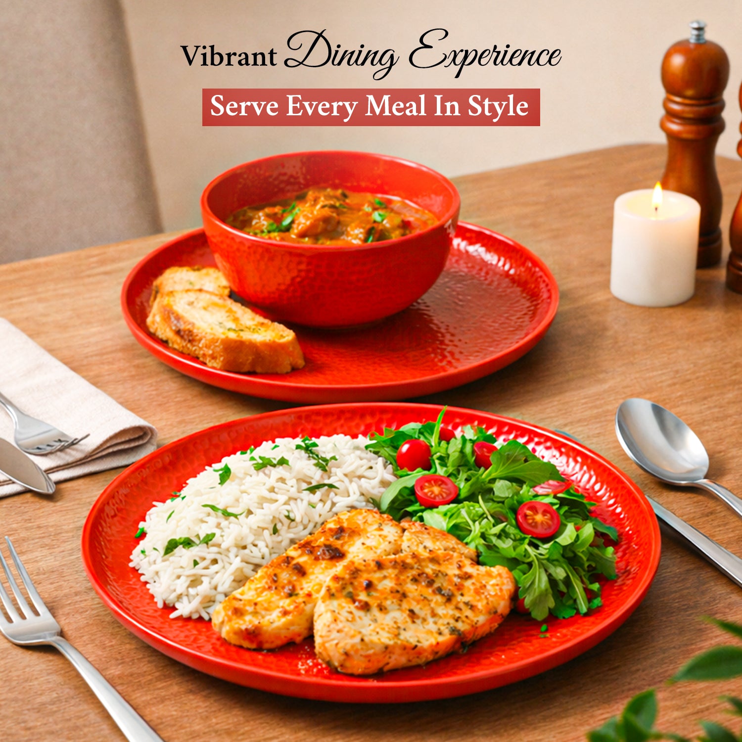 Red Hammered Melamine Dinner Set – 12 Pcs