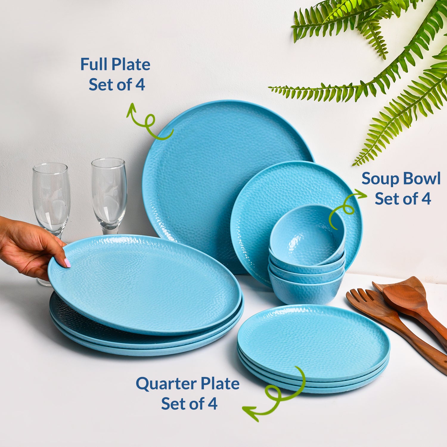 Turquoise Hammered Melamine Dinner Set – 12 Pcs