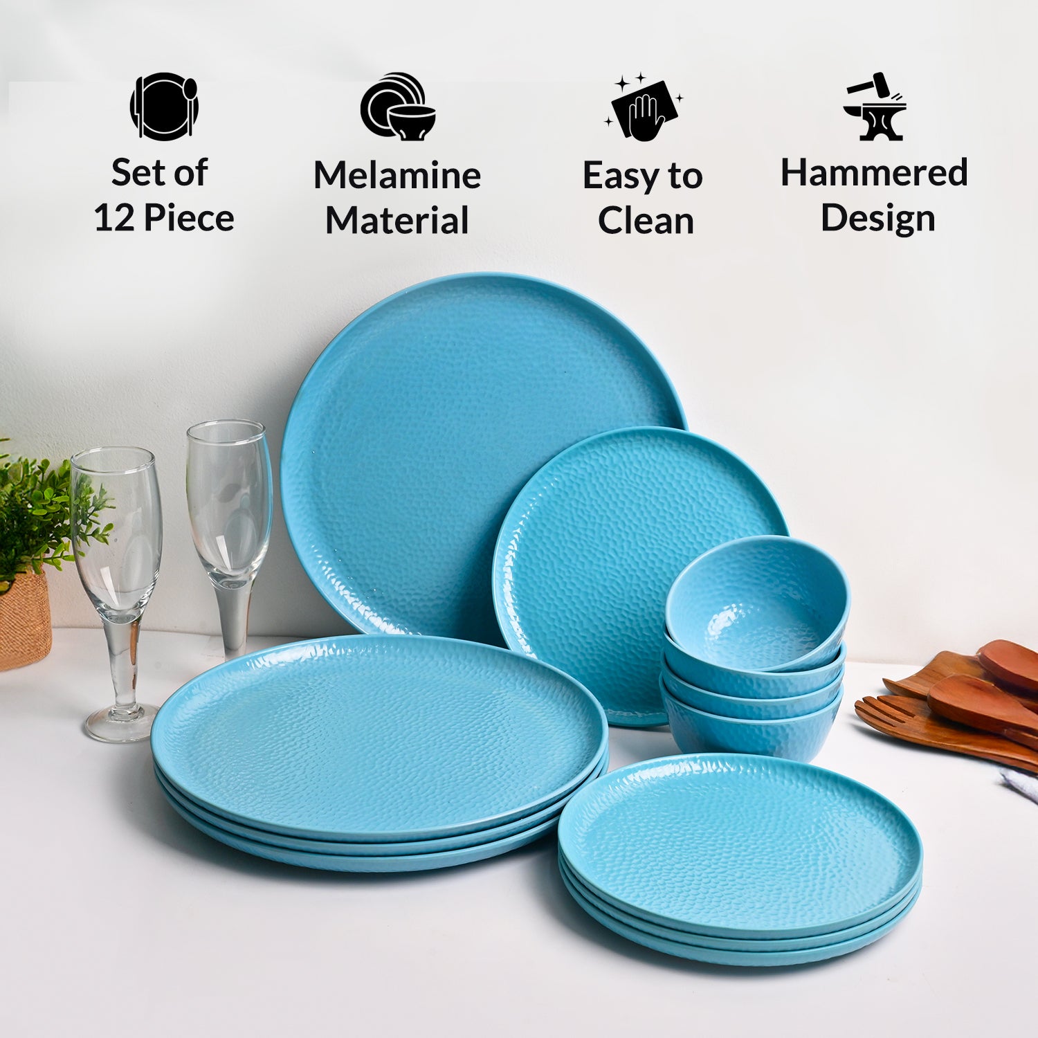 Turquoise Hammered Melamine Dinner Set – 12 Pcs