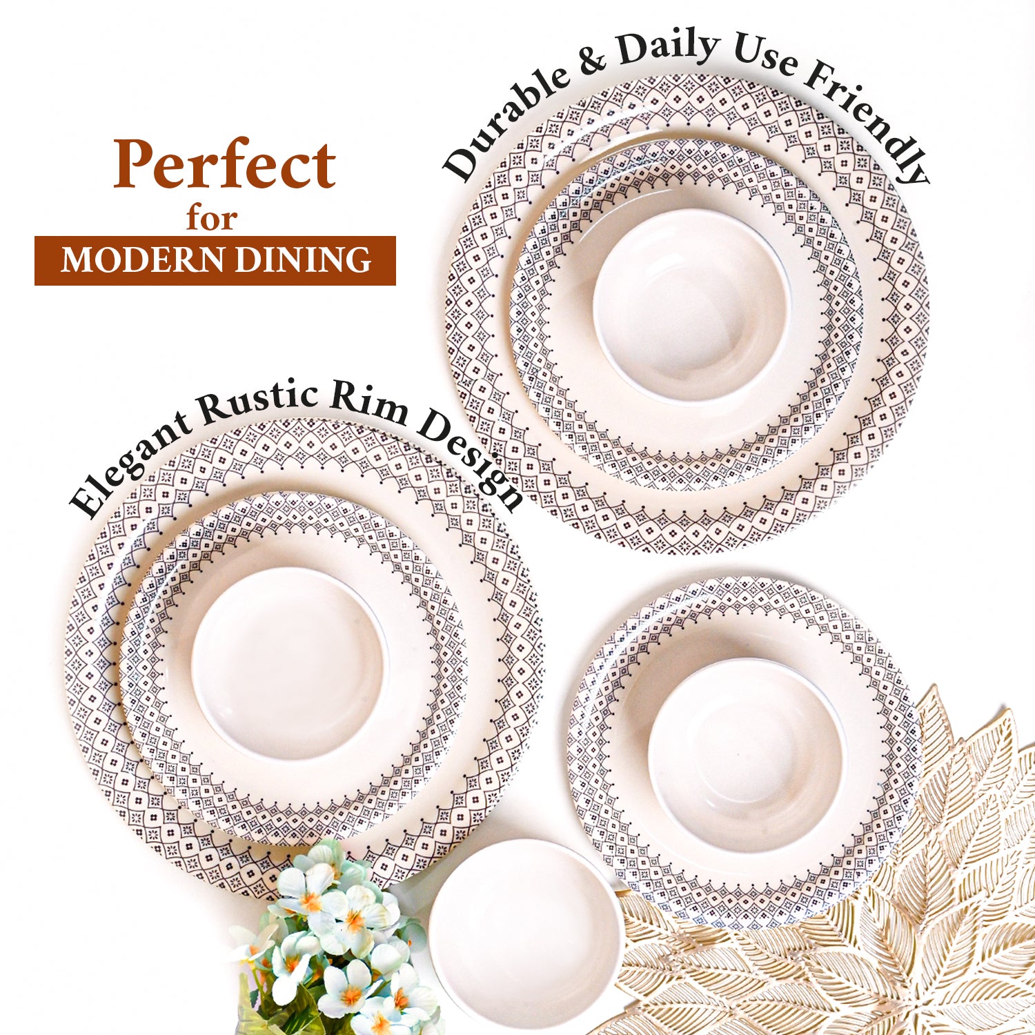 White Morrocone Hammered Melamine Dinner Set – 12 Pcs