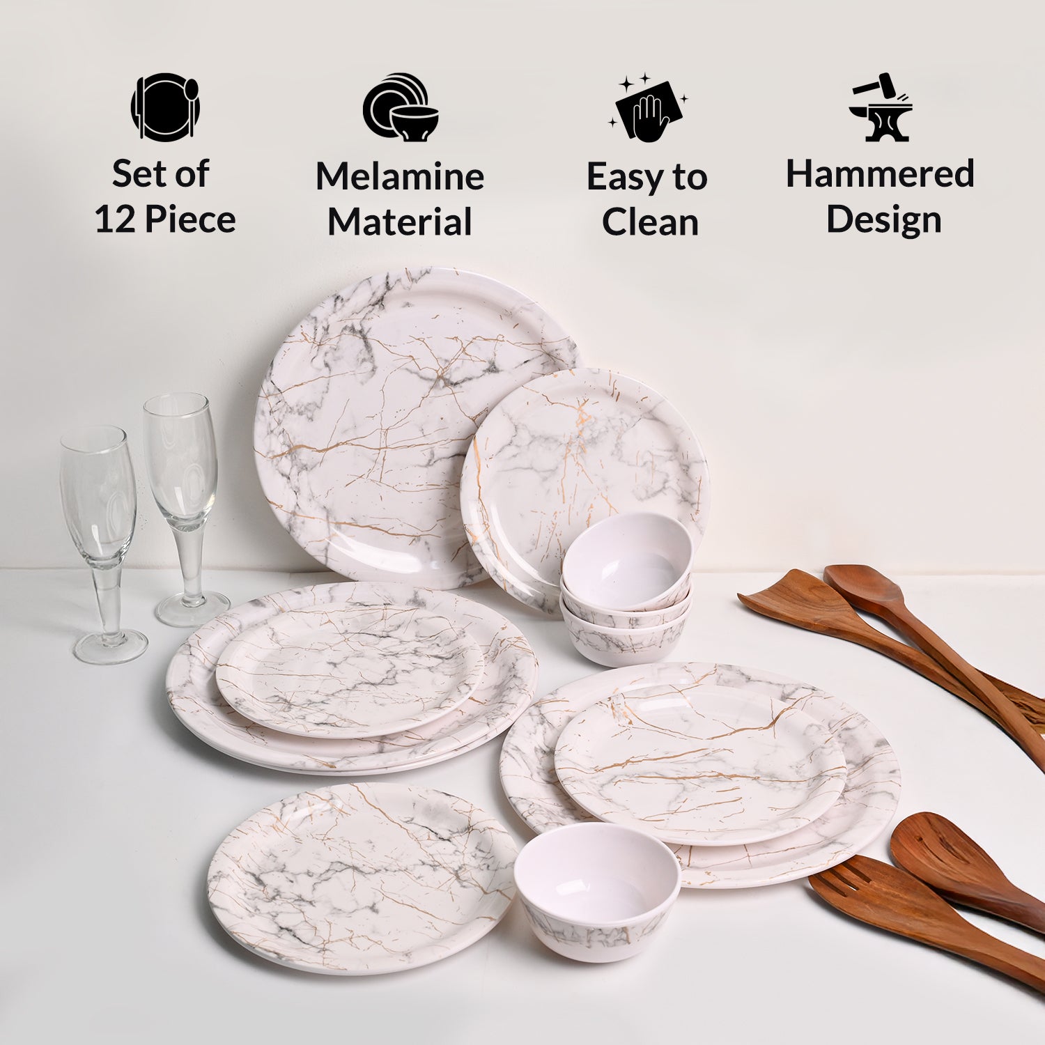 White Static Melamine Dinner Set – 12 Pcs