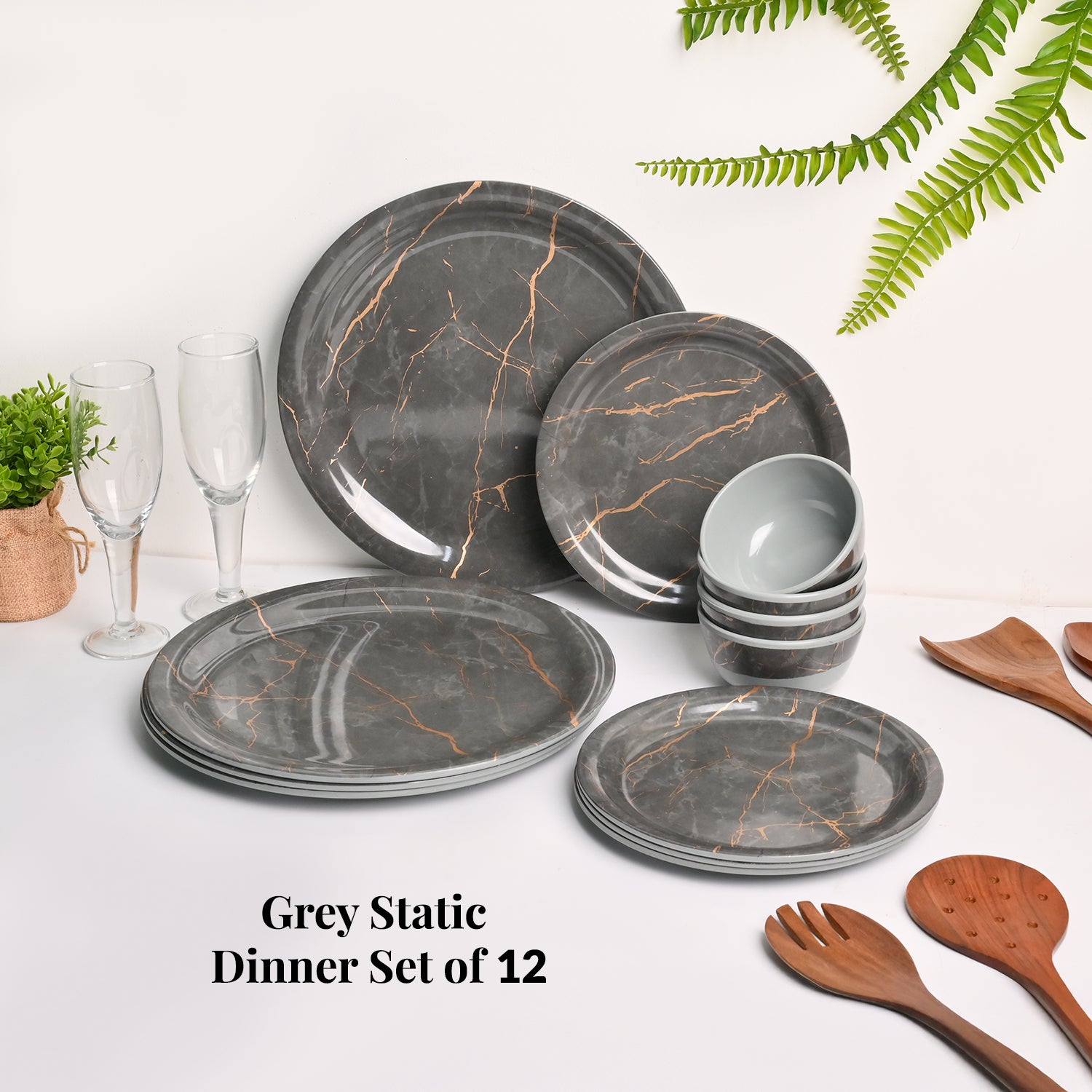 Grey Static Melamine Dinner Set – 12 Pcs