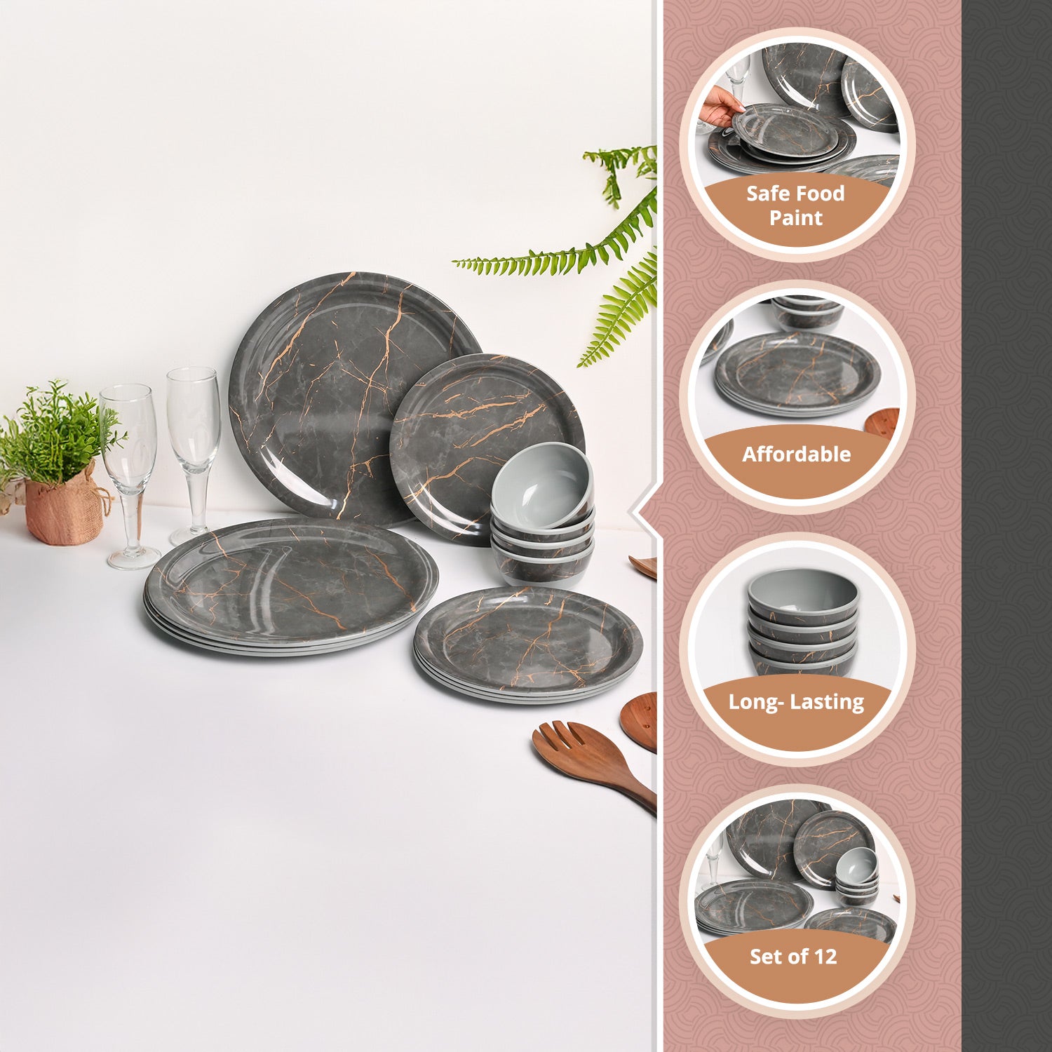 Grey Static Melamine Dinner Set – 12 Pcs