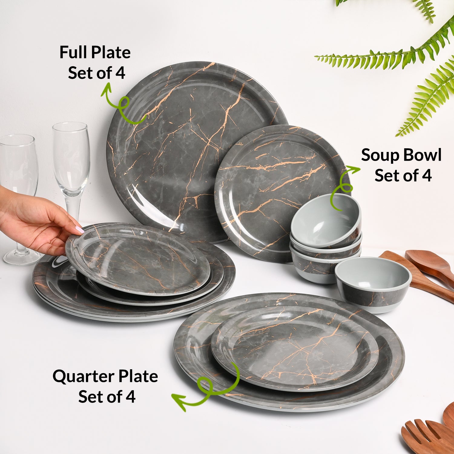Grey Static Melamine Dinner Set – 12 Pcs