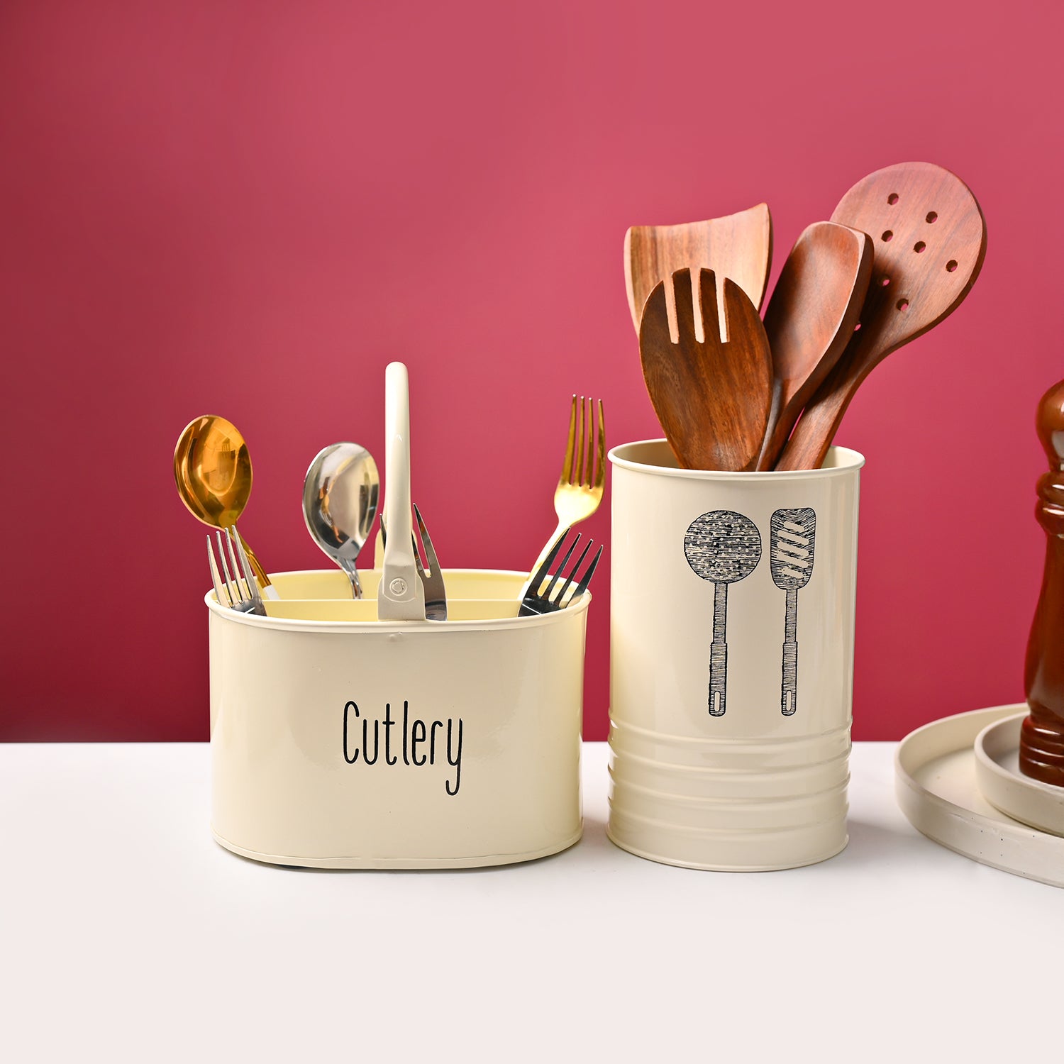 Cutlery & Ladle Holder Set – Plain White | Galvanised Iron, Glossy Finish