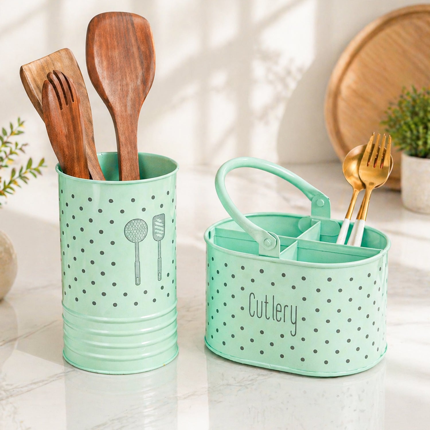 Cutlery & Ladle Holder Set – Light Green | Polka Dot Print, Glossy Finish