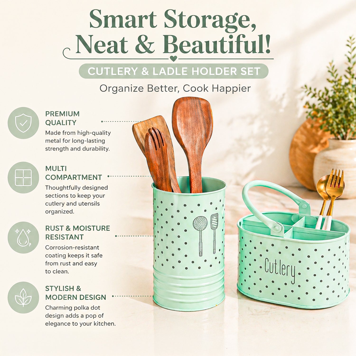 Cutlery & Ladle Holder Set – Light Green | Polka Dot Print, Glossy Finish