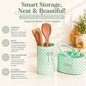 Cutlery & Ladle Holder Set – Light Green | Polka Dot Print, Glossy Finish