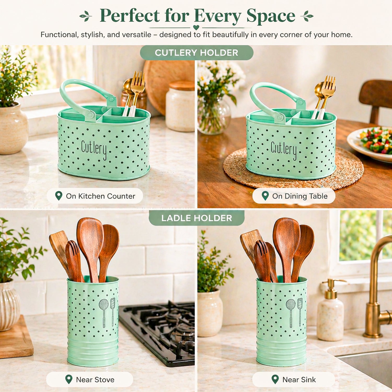 Cutlery & Ladle Holder Set – Light Green | Polka Dot Print, Glossy Finish