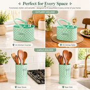 Cutlery & Ladle Holder Set – Light Green | Polka Dot Print, Glossy Finish