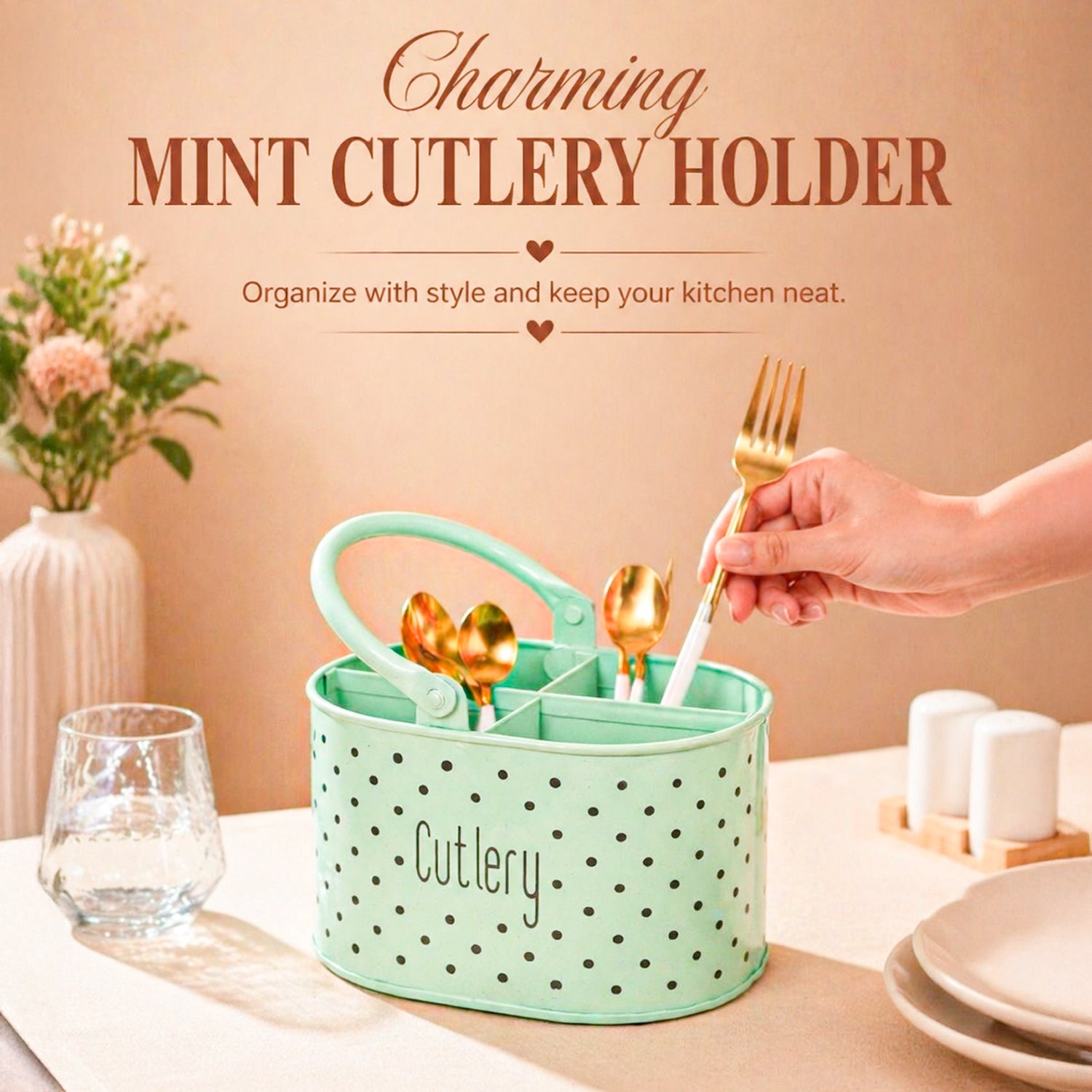 Cutlery & Ladle Holder Set – Light Green | Polka Dot Print, Glossy Finish