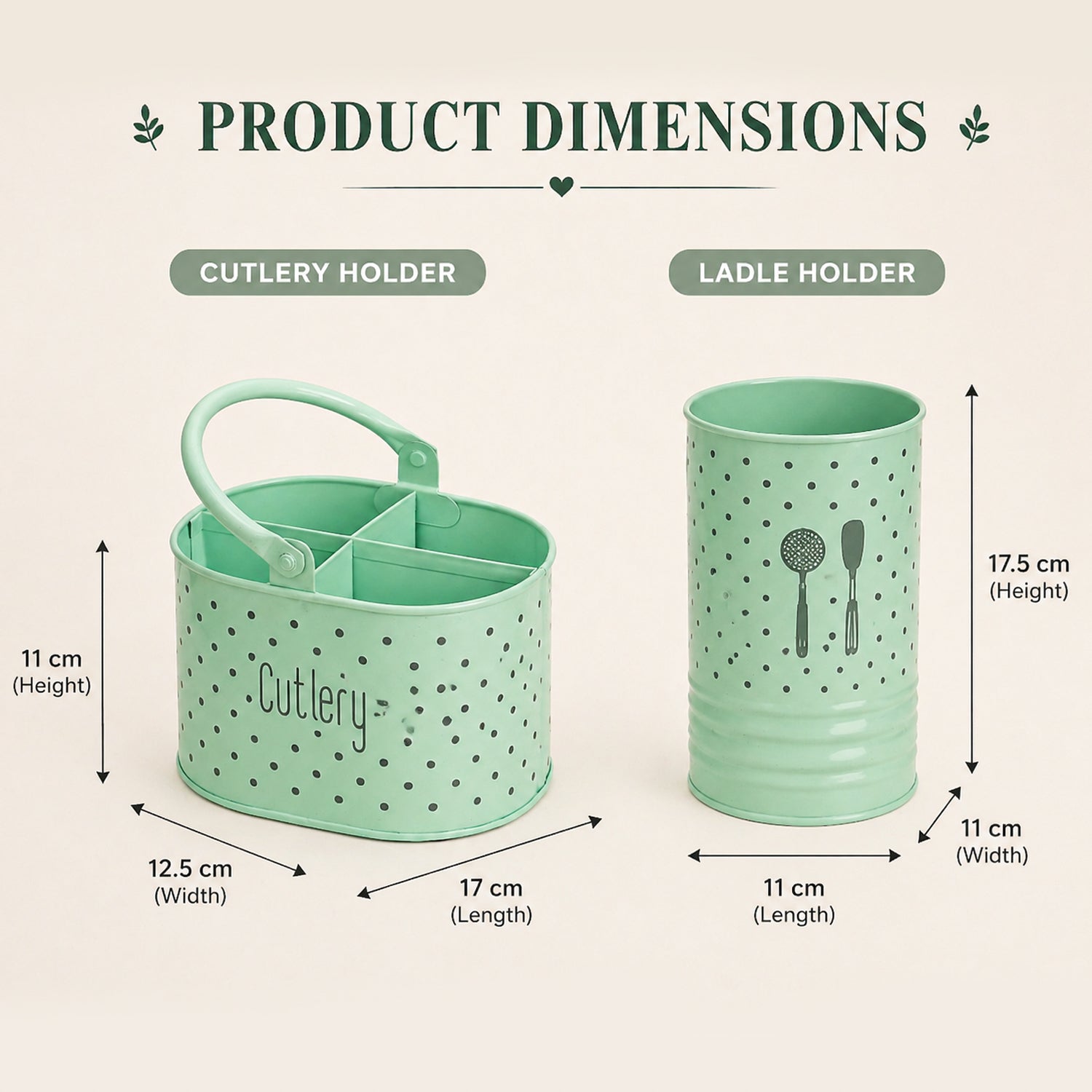 Cutlery & Ladle Holder Set – Light Green | Polka Dot Print, Glossy Finish
