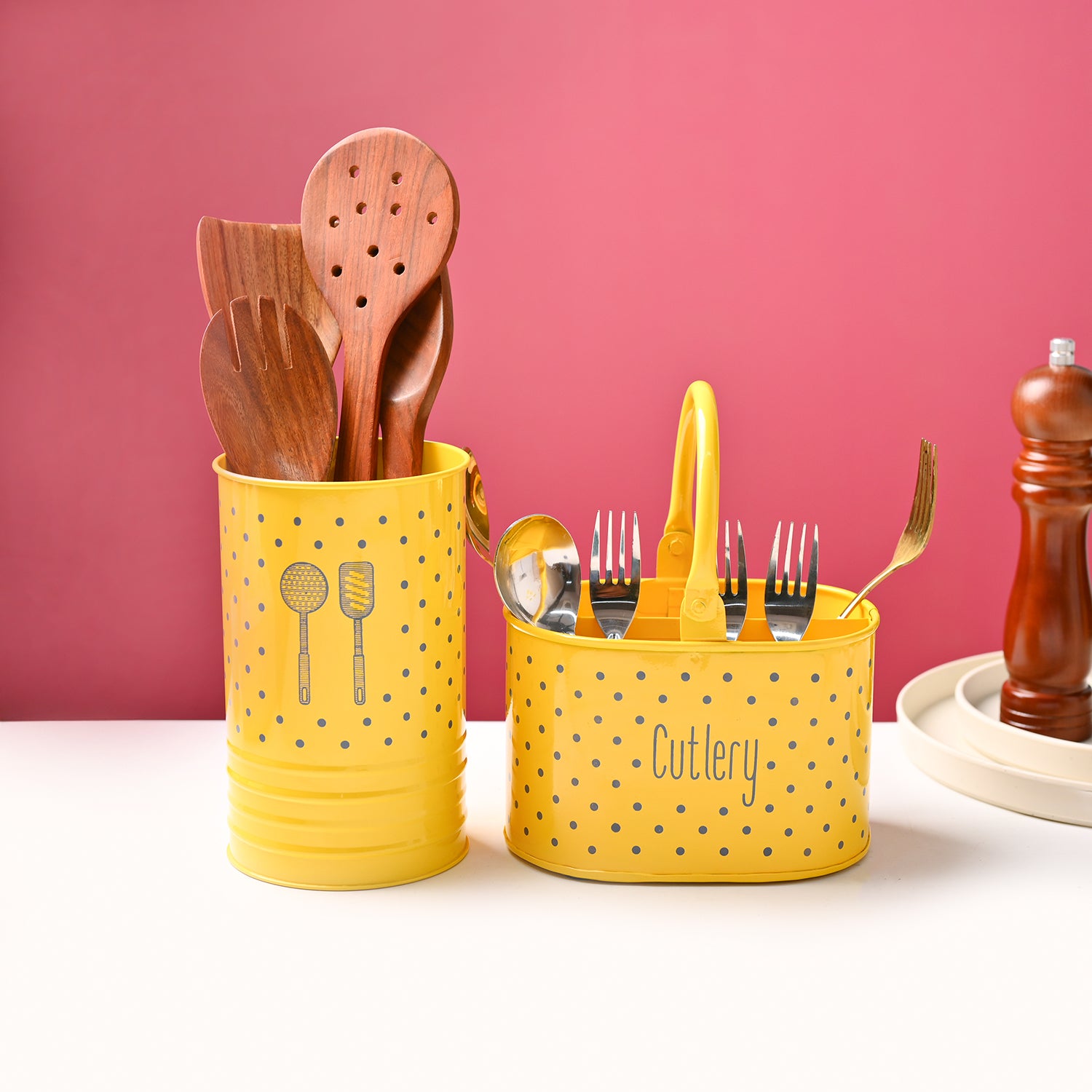 Cutlery & Ladle Holder Set – Yellow | Polka Dot Print, Glossy Finish