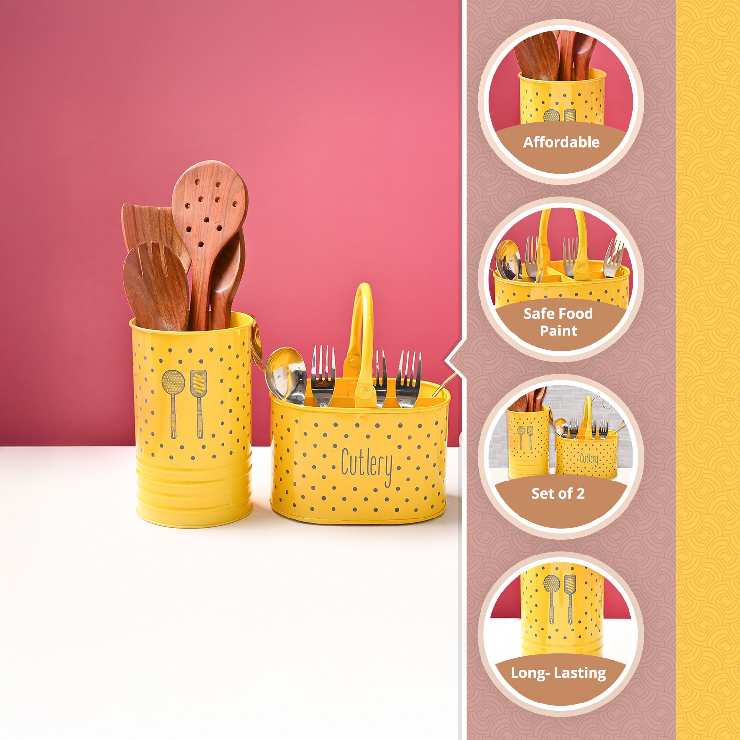 Cutlery & Ladle Holder Set – Yellow | Polka Dot Print, Glossy Finish