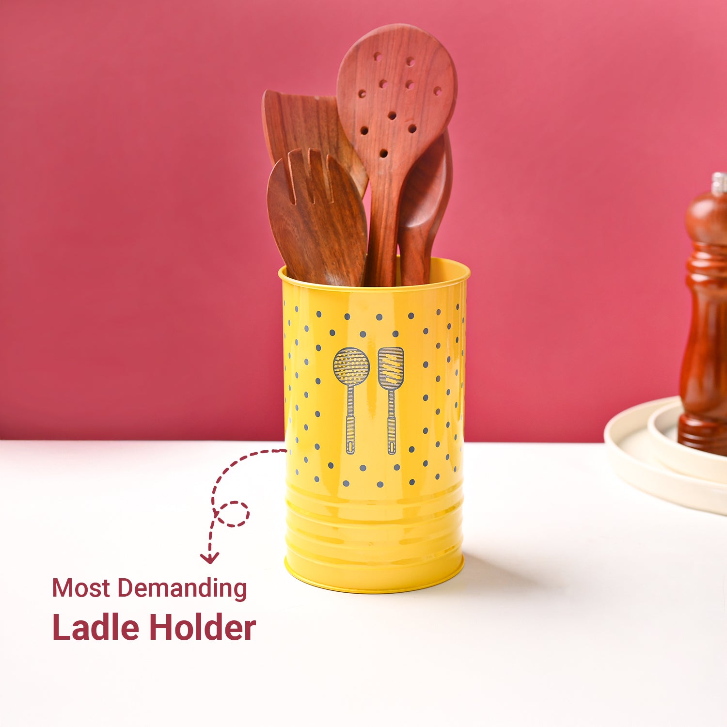 Cutlery & Ladle Holder Set – Yellow | Polka Dot Print, Glossy Finish