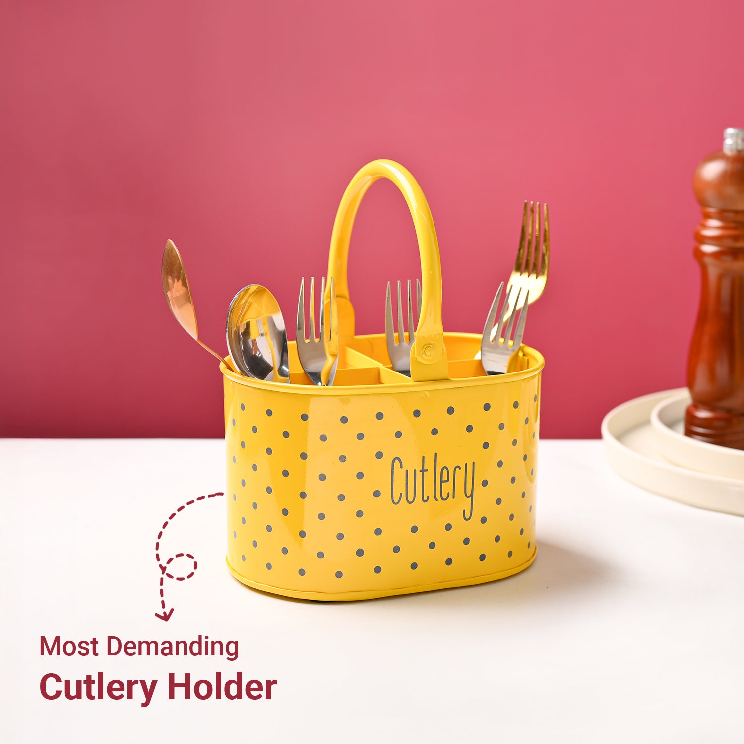 Cutlery & Ladle Holder Set – Yellow | Polka Dot Print, Glossy Finish
