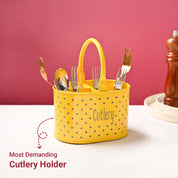 Cutlery & Ladle Holder Set – Yellow | Polka Dot Print, Glossy Finish