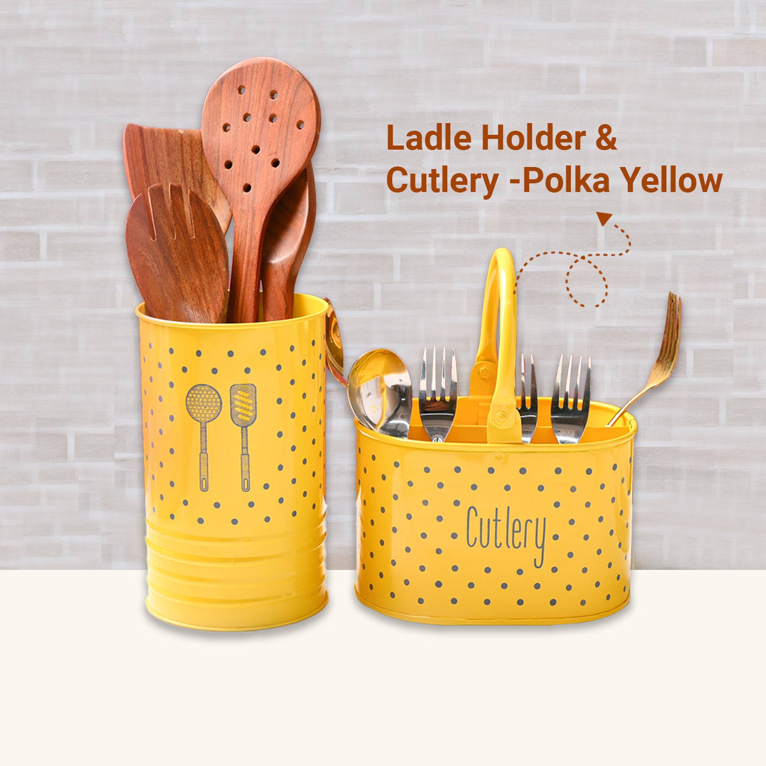 Cutlery & Ladle Holder Set – Yellow | Polka Dot Print, Glossy Finish