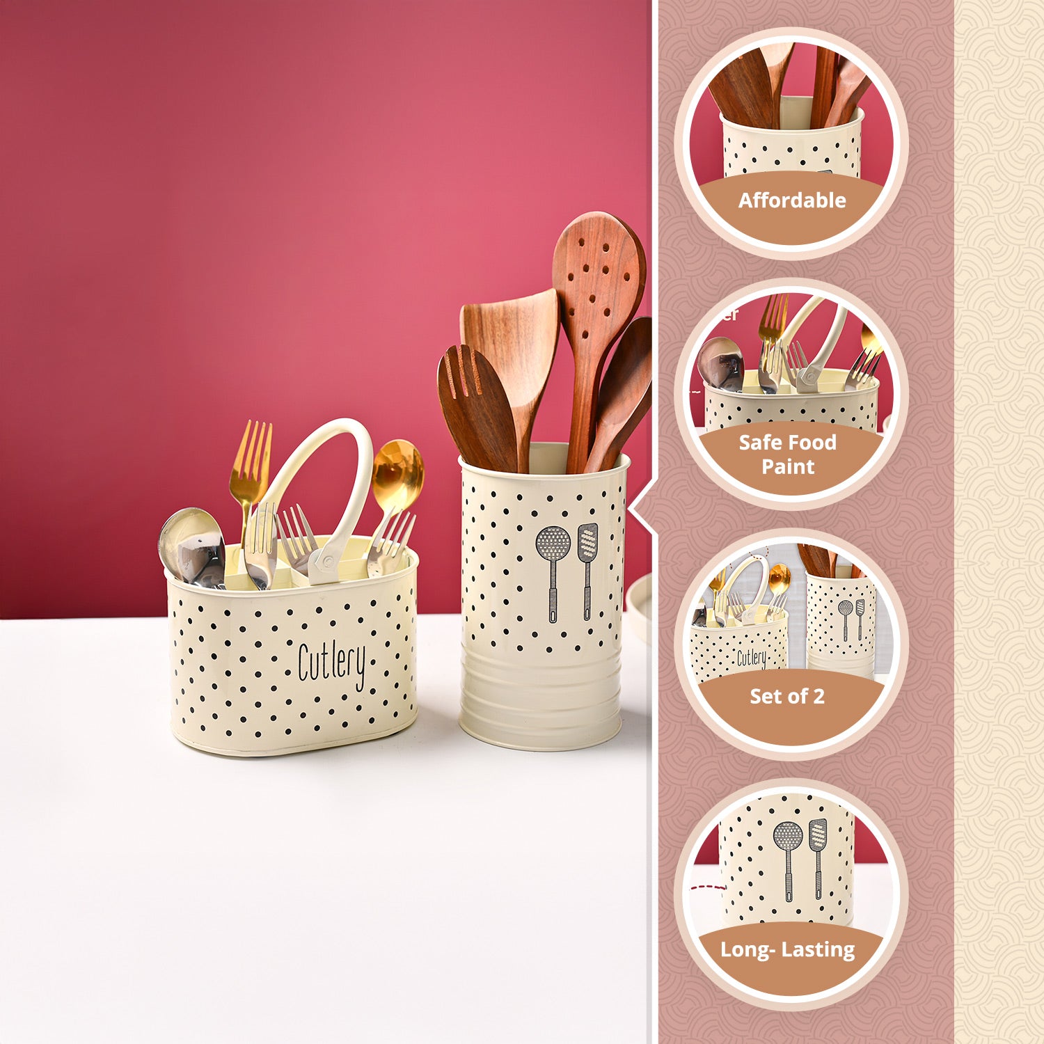 Cutlery & Ladle Holder Set – Ivory | Polka Dot Print, Glossy Finish