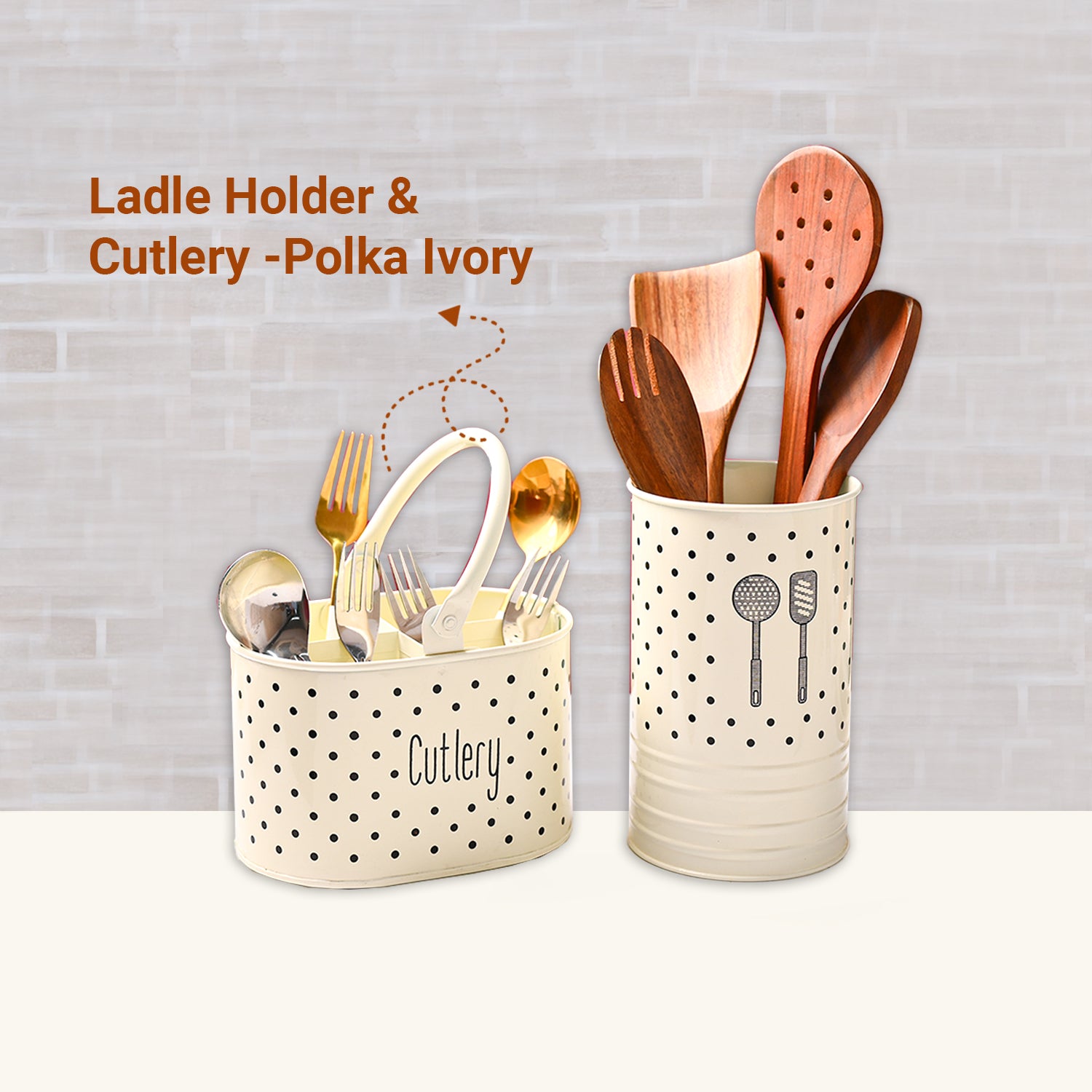 Cutlery & Ladle Holder Set – Ivory | Polka Dot Print, Glossy Finish