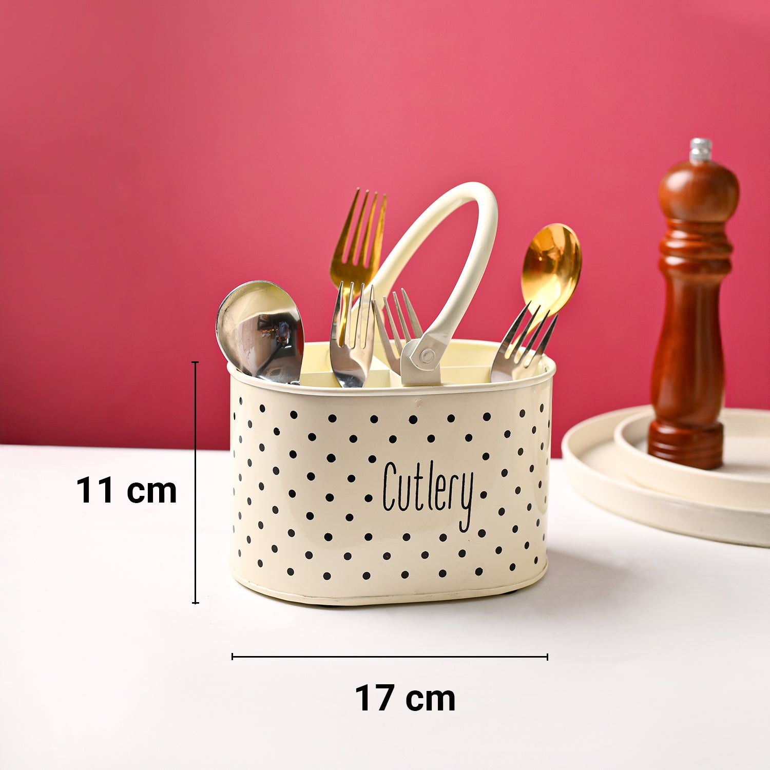 Cutlery & Ladle Holder Set – Ivory | Polka Dot Print, Glossy Finish