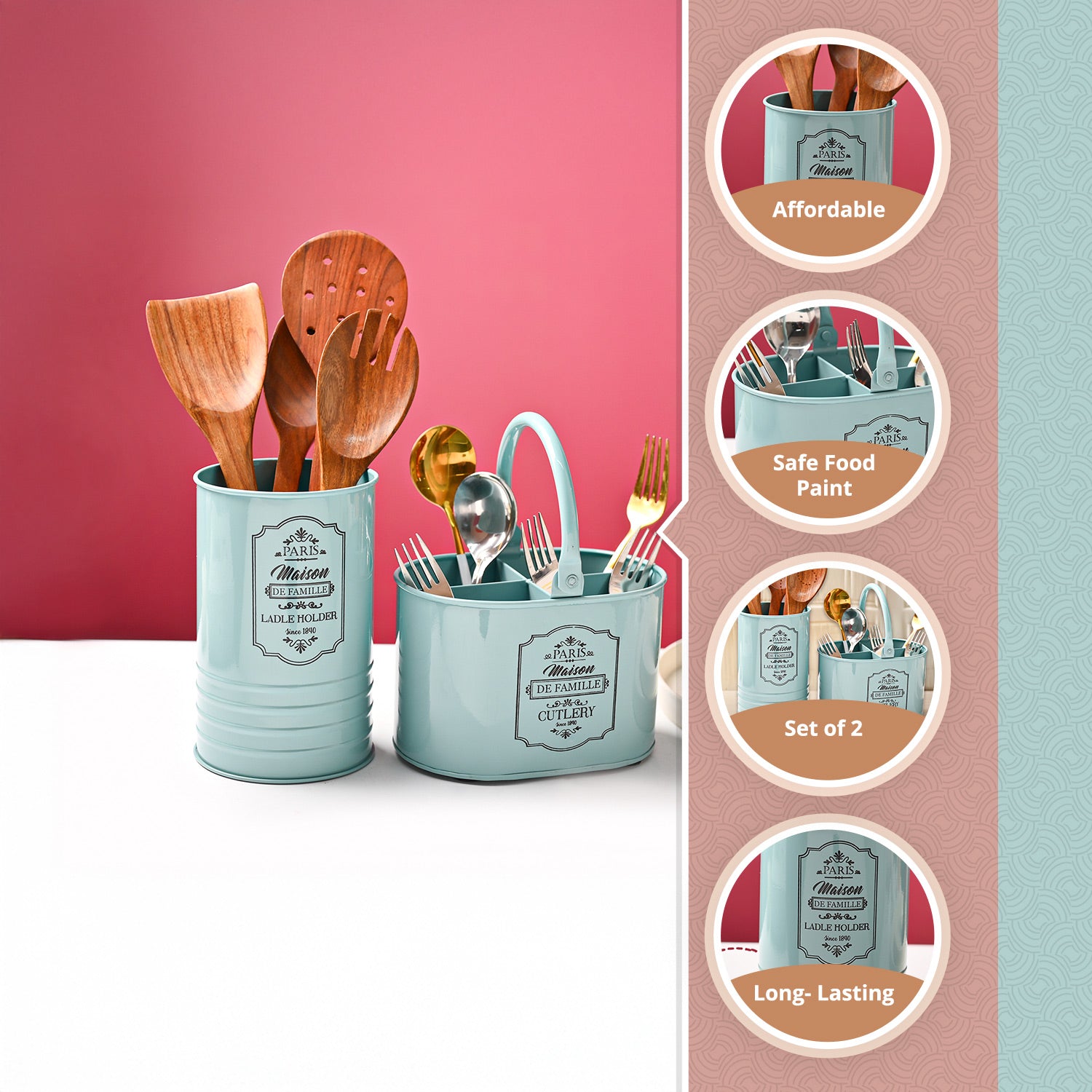Cutlery & Ladle Holder Set – Green | Plain Design, Glossy Finish