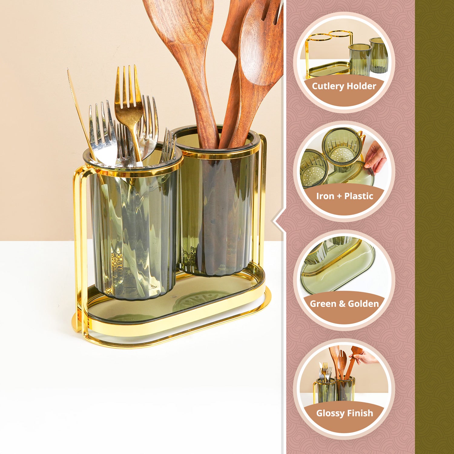 MARKET99 Iron & Plastic Tabletop Green Cutlery Holder (Set of 2)