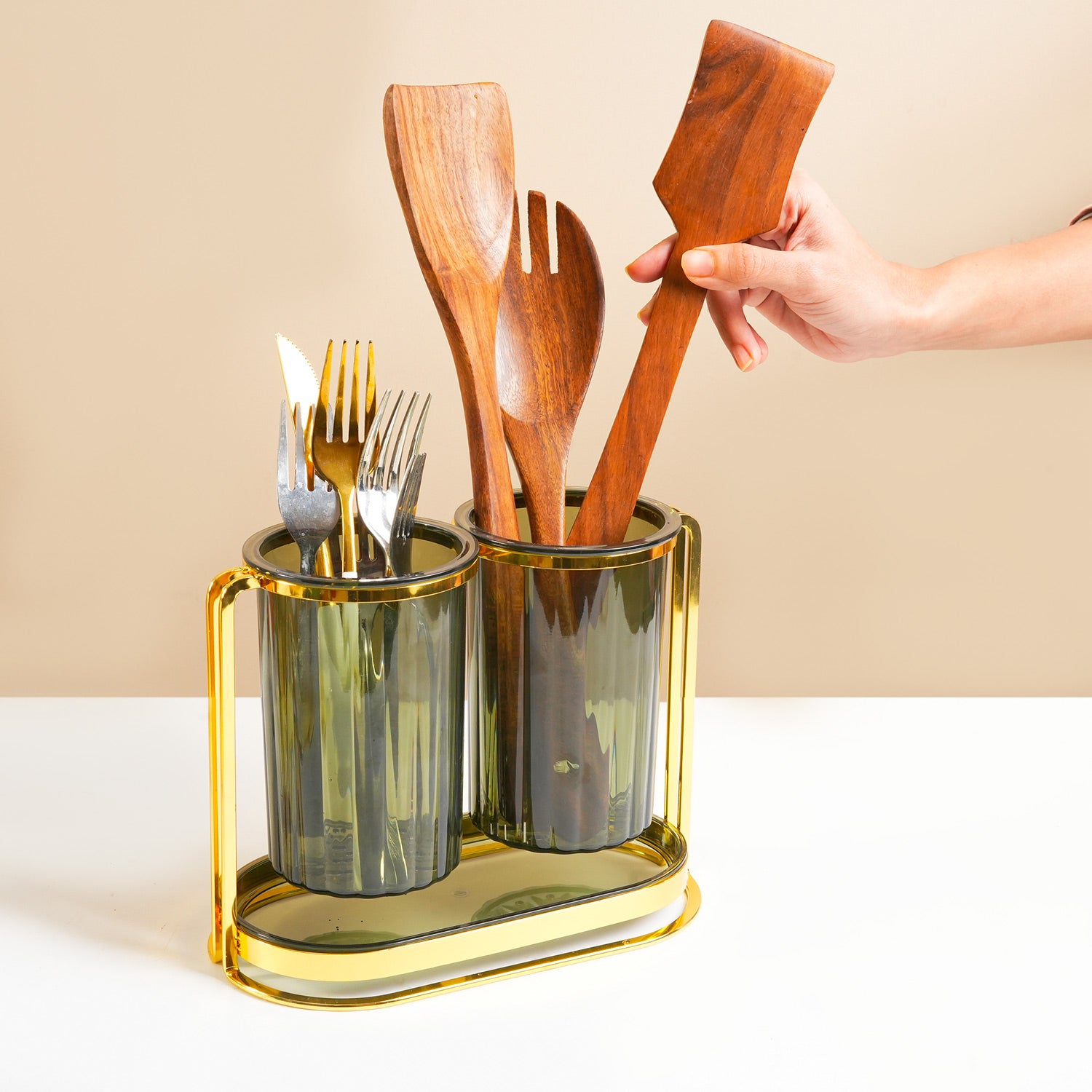 MARKET99 Iron & Plastic Tabletop Green Cutlery Holder (Set of 2)
