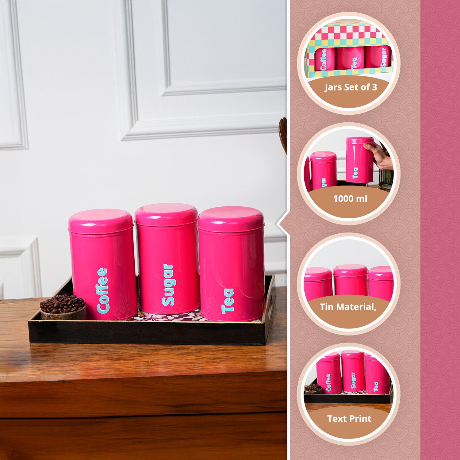 MARKET99 Red Iron Coffee, Tea & Sugar Jar - (1000mL Each, Set of 3)