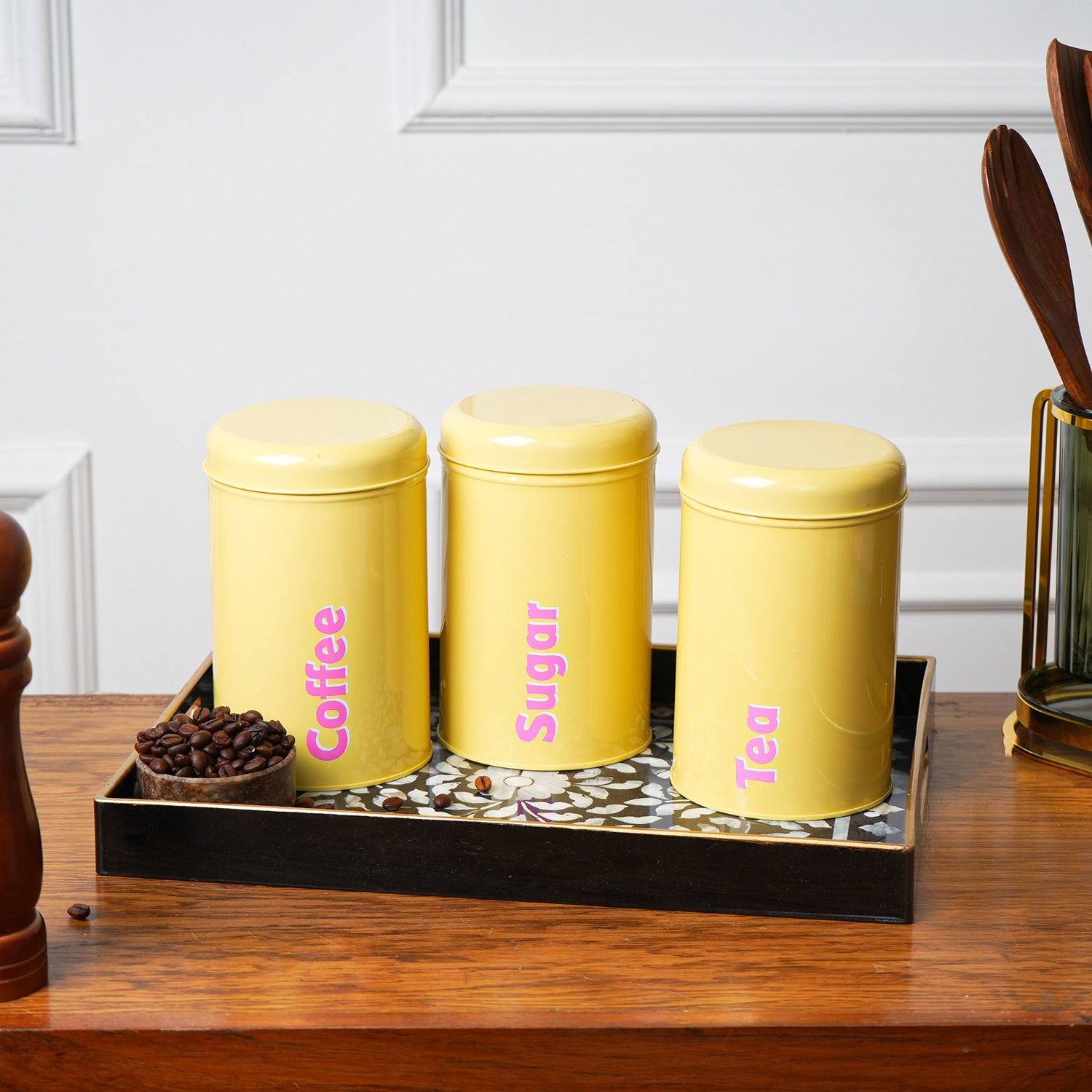 MARKET99 Yellow Iron Coffee, Tea & Sugar Jars - (1000 ml Each, Set of 3)