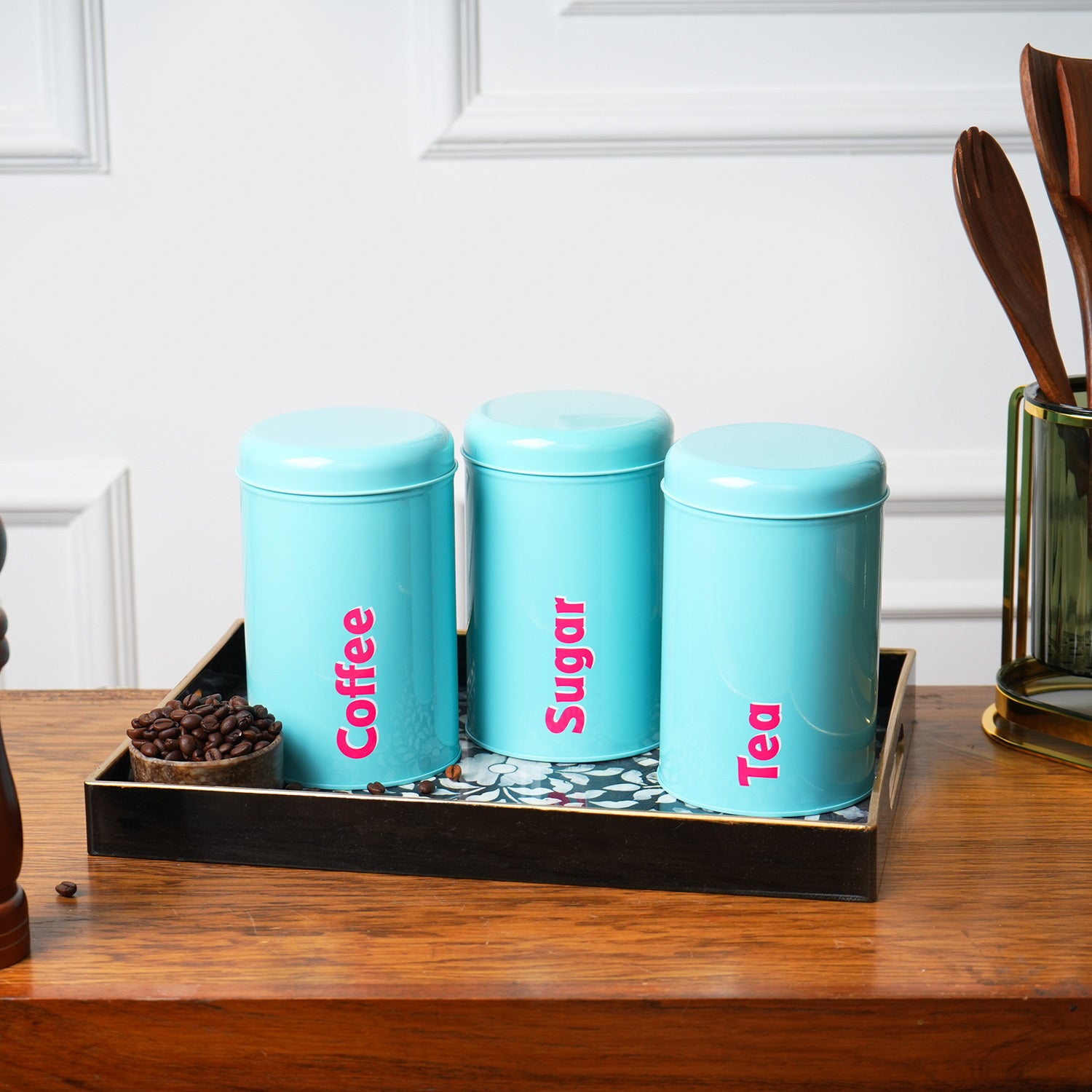 MARKET99 Turquoise Iron Coffee, Tea & Sugar Jars - (1000 ml Each, Set Of 3)