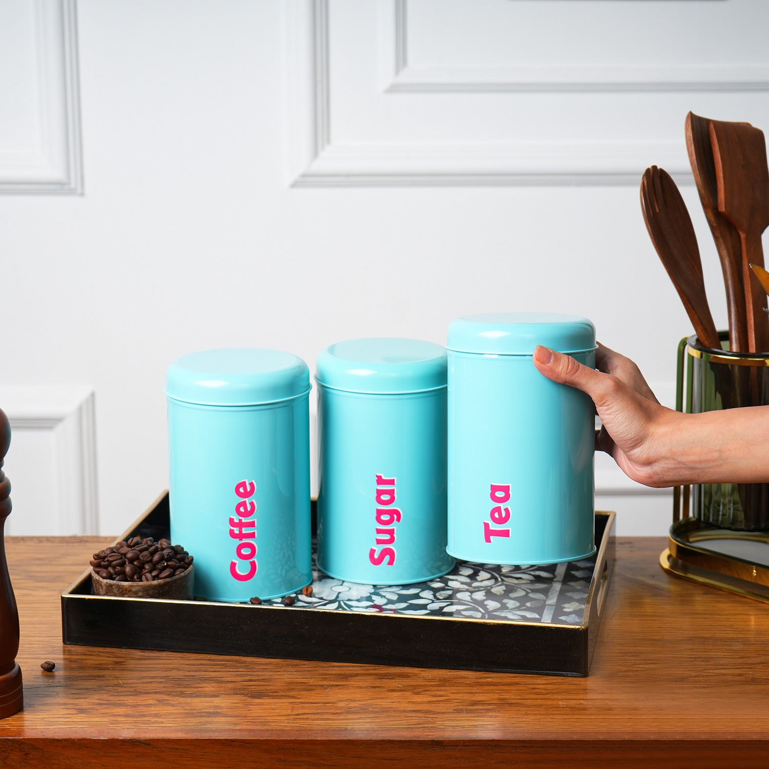 MARKET99 Turquoise Iron Coffee, Tea & Sugar Jars - (1000 ml Each, Set Of 3)