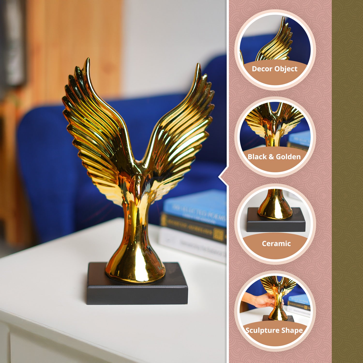 MARKET99 Ceramic Decor Object Sculpture Eagle or Phoeni x  in Black & Golden