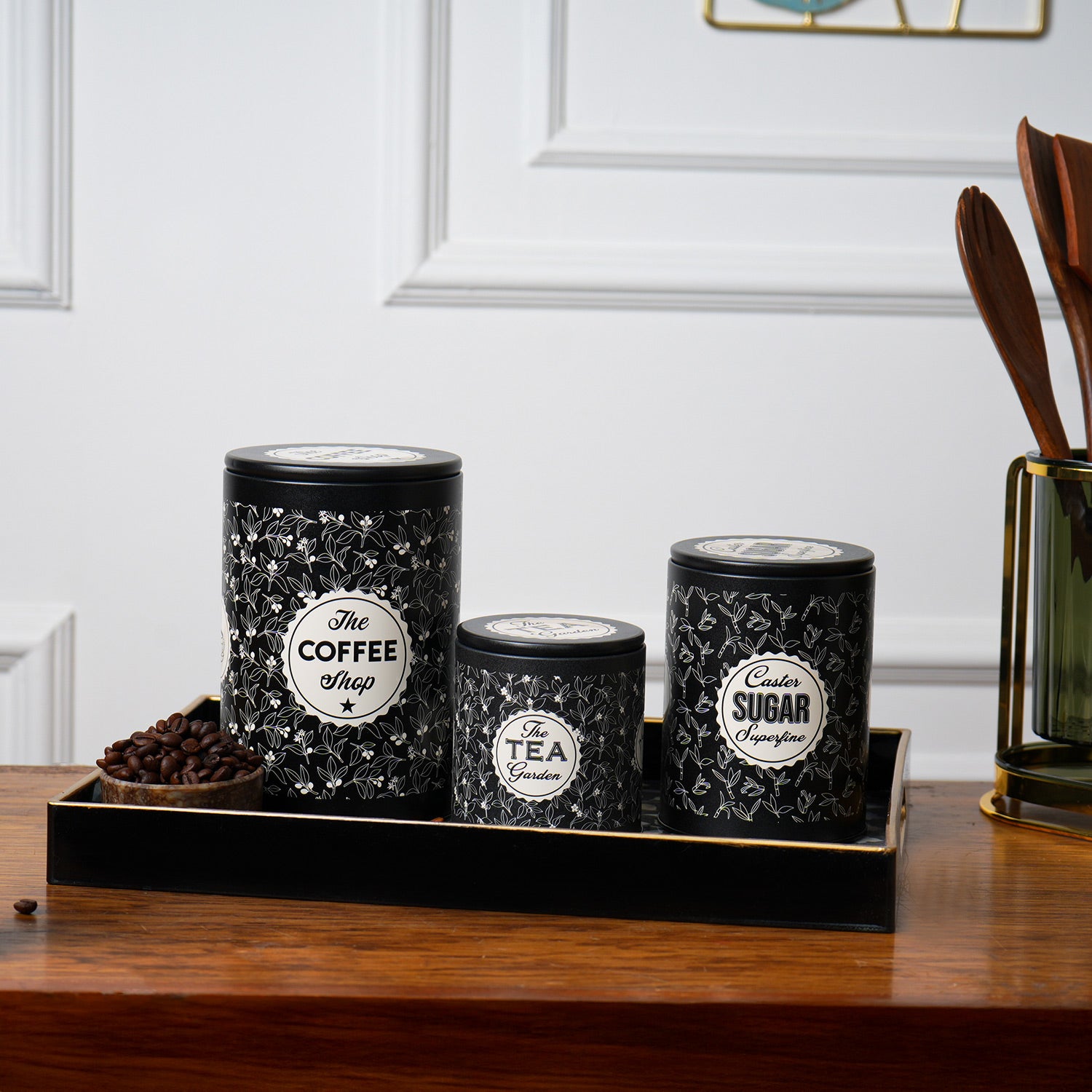 MARKET99 Black Iron Coffee, Tea & Sugar Jar Set of 3 - (Tea 500 ml, Coffee 750 ml, Sugar 1000 ml)