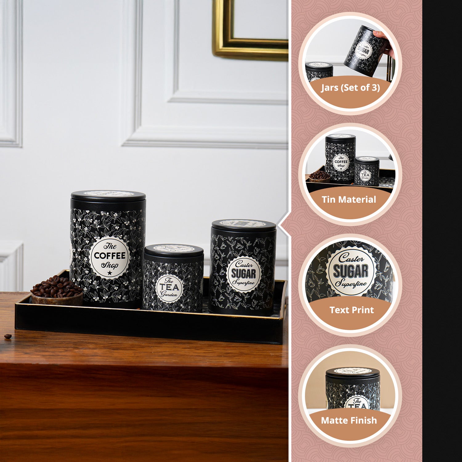 MARKET99 Black Iron Coffee, Tea & Sugar Jar Set of 3 - (Tea 500 ml, Coffee 750 ml, Sugar 1000 ml)