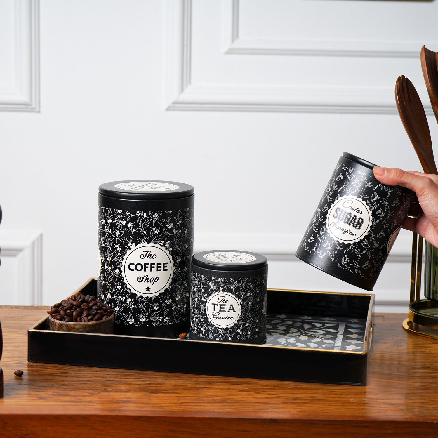 MARKET99 Black Iron Coffee, Tea & Sugar Jar Set of 3 - (Tea 500 ml, Coffee 750 ml, Sugar 1000 ml)