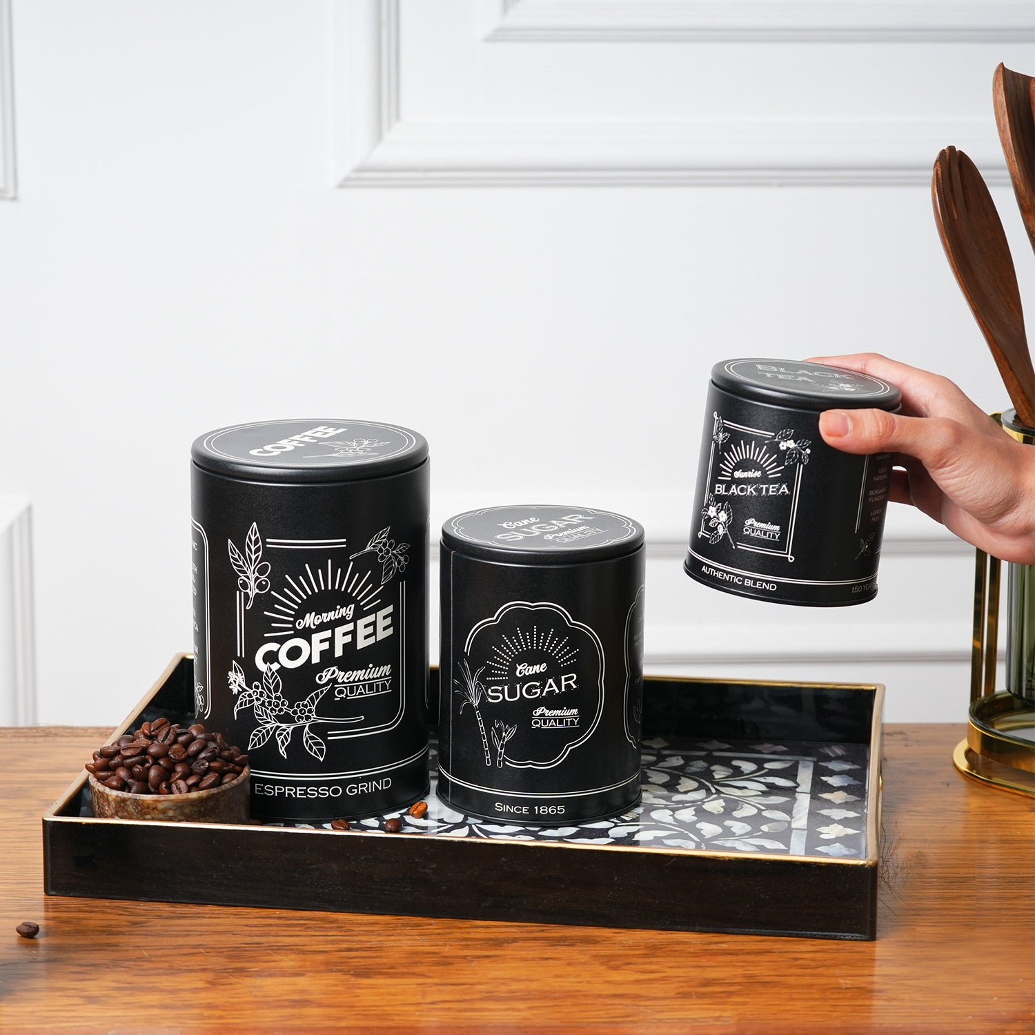 MARKET99 Black Iron Coffee, Tea & Sugar Jars - (1000 ml Each, Set Of 3)