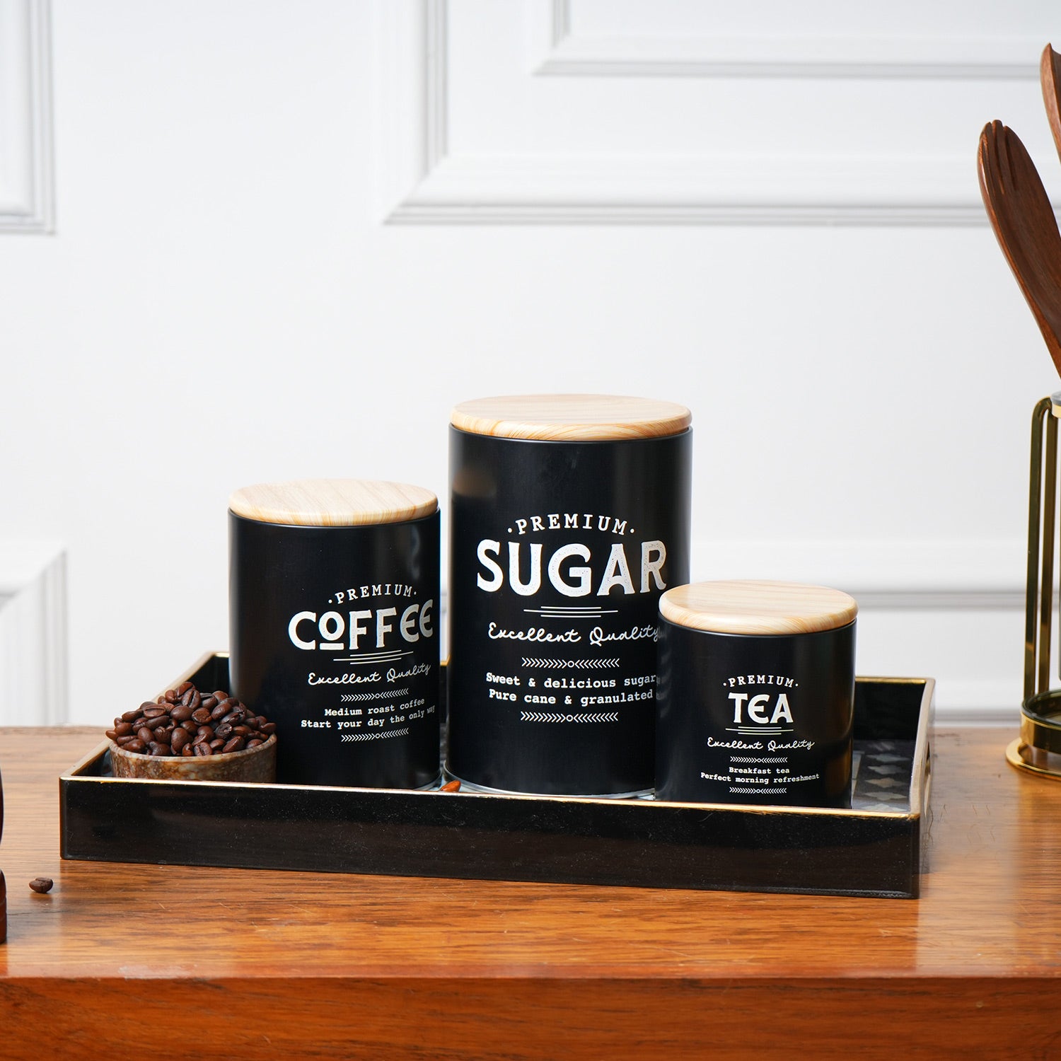 MARKET99 Black Iron Coffee, Tea & Sugar Jar Set of 3