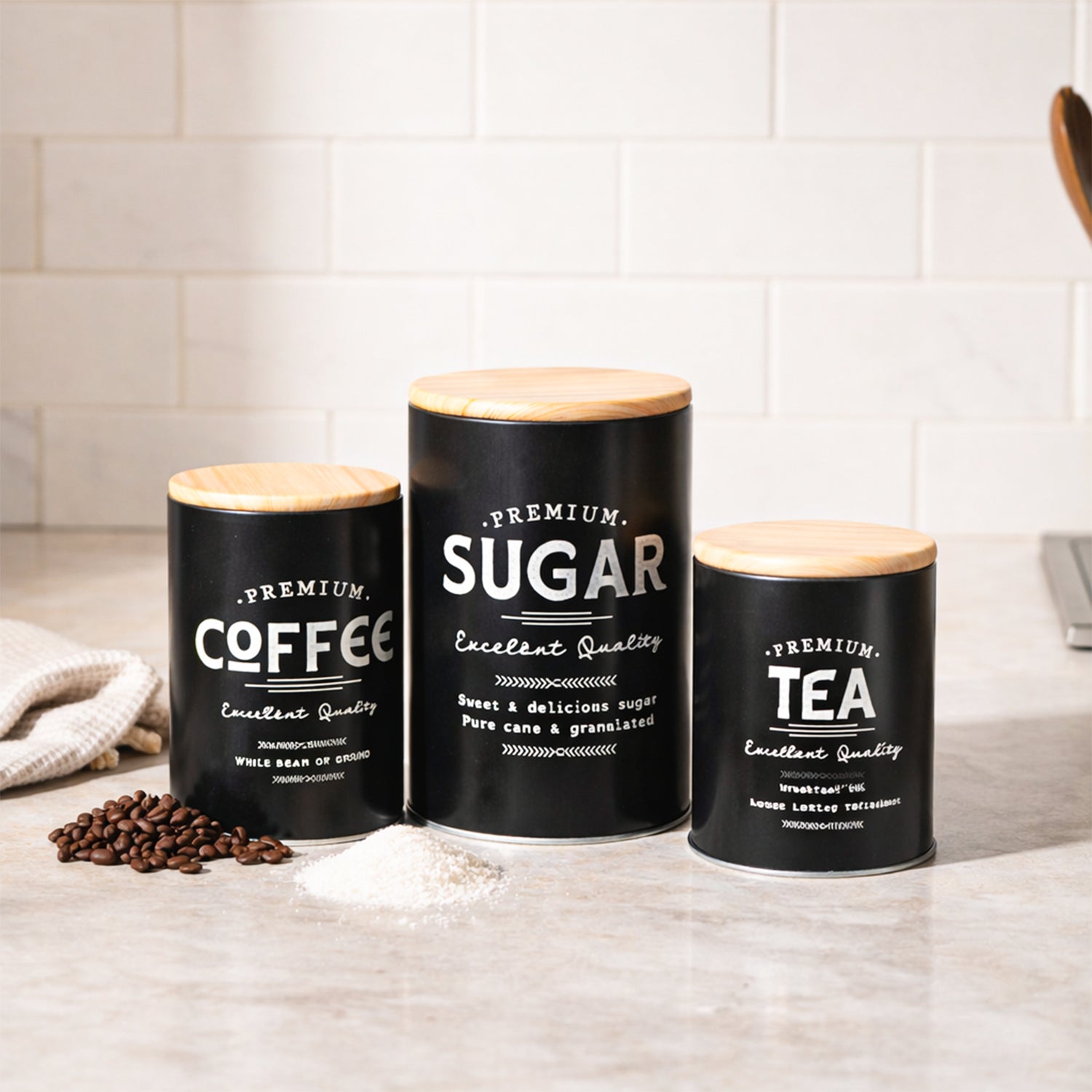 MARKET99 Black Iron Coffee, Tea & Sugar Jar Set of 3