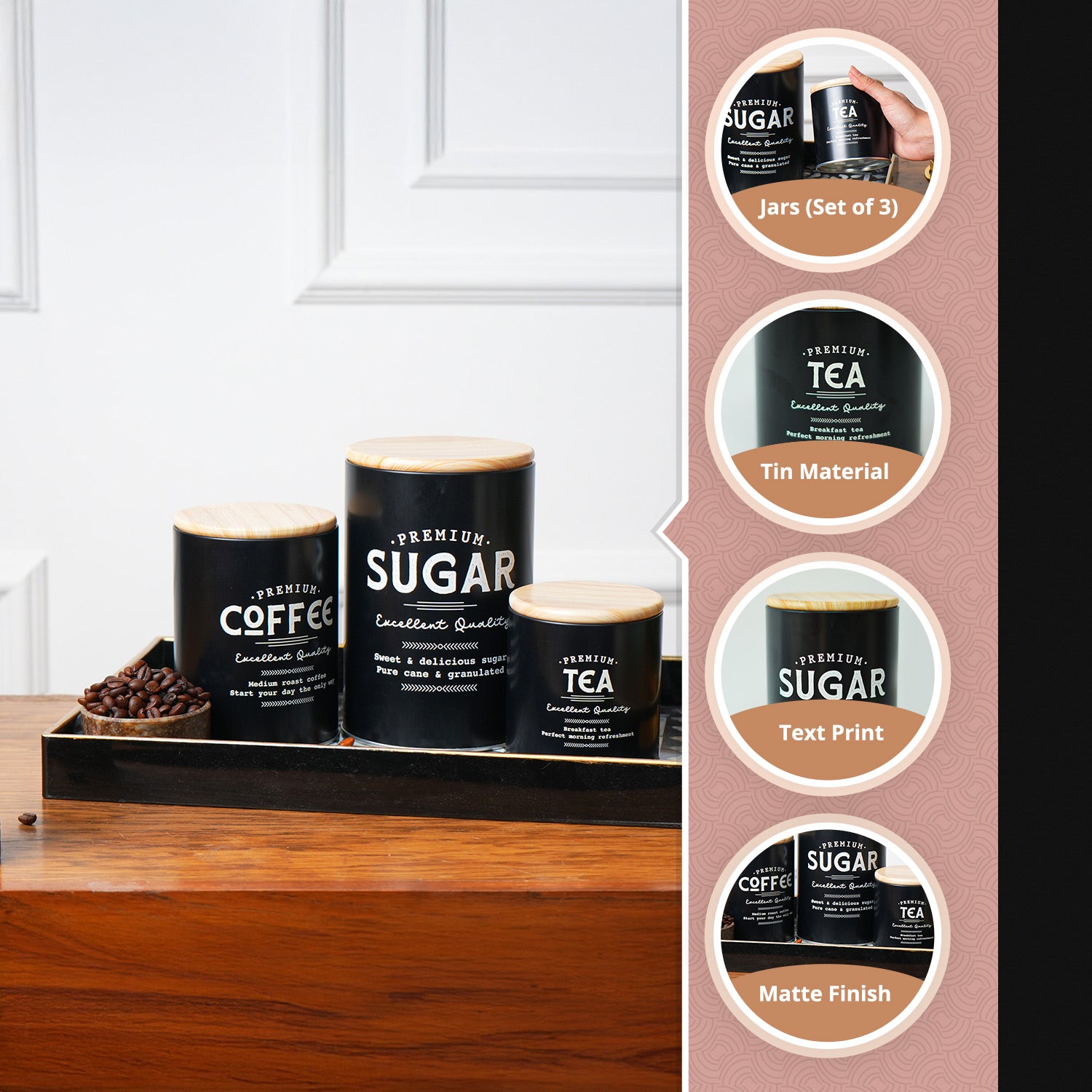MARKET99 Black Iron Coffee, Tea & Sugar Jars - (1000 ml Each, Set Of 3)