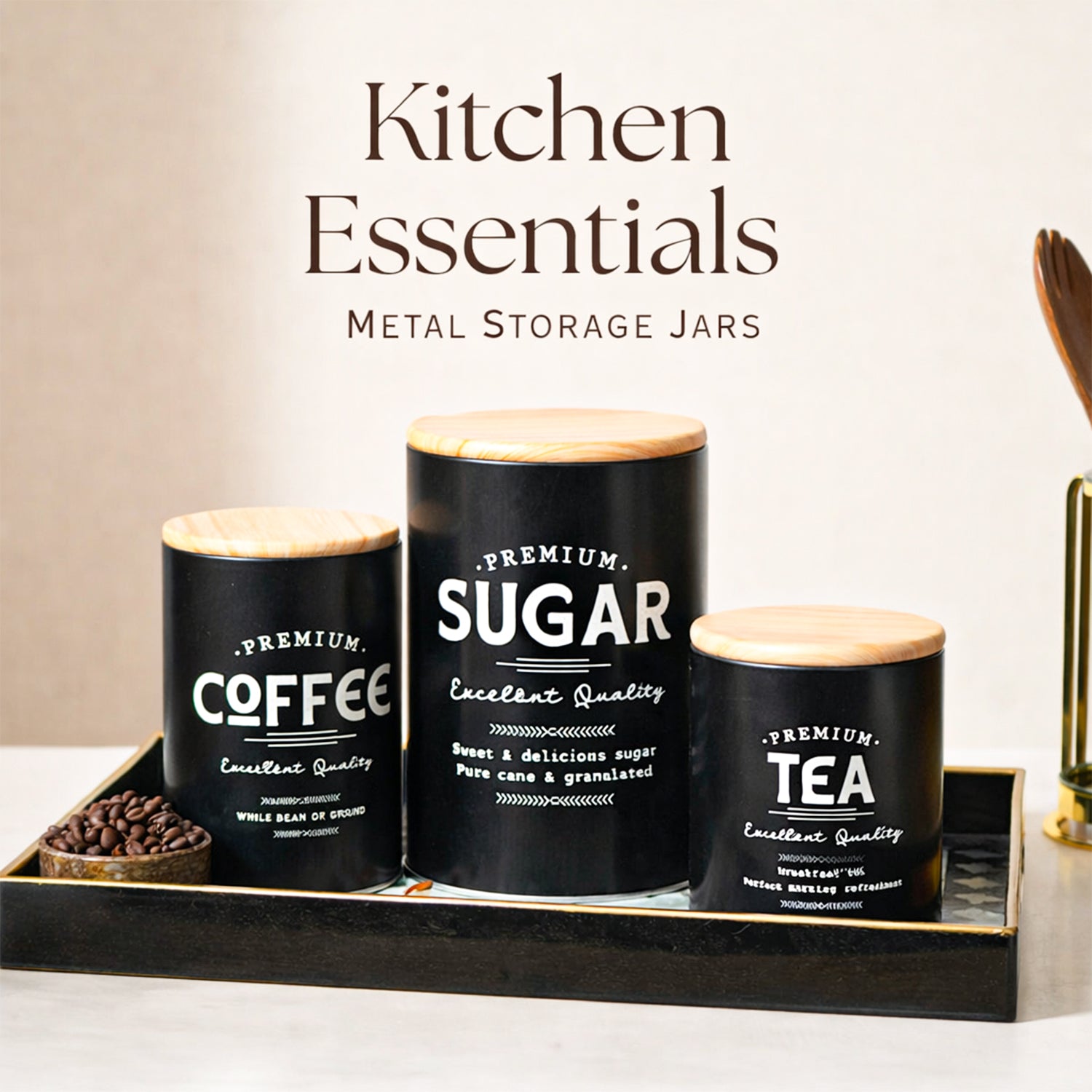 MARKET99 Black Iron Coffee, Tea & Sugar Jar Set of 3