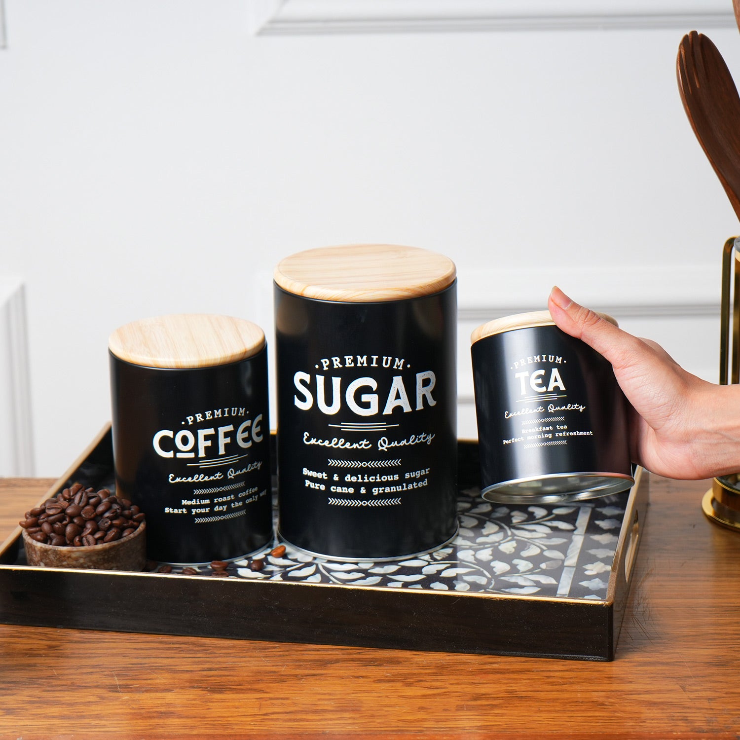 MARKET99 Black Iron Coffee, Tea & Sugar Jar Set of 3