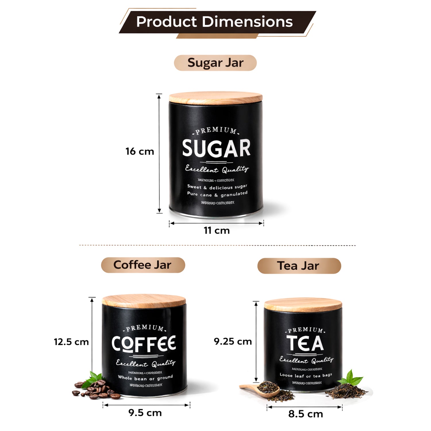 MARKET99 Black Iron Coffee, Tea & Sugar Jar Set of 3